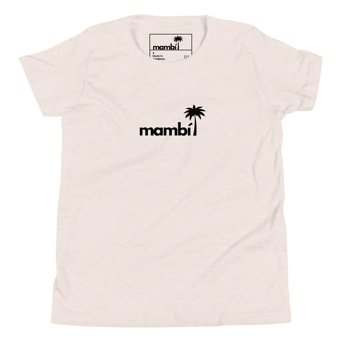 A light-colored t-shirt featuring the word Mambí in black lowercase letters across the chest, with a small black palm tree graphic above the letter i.