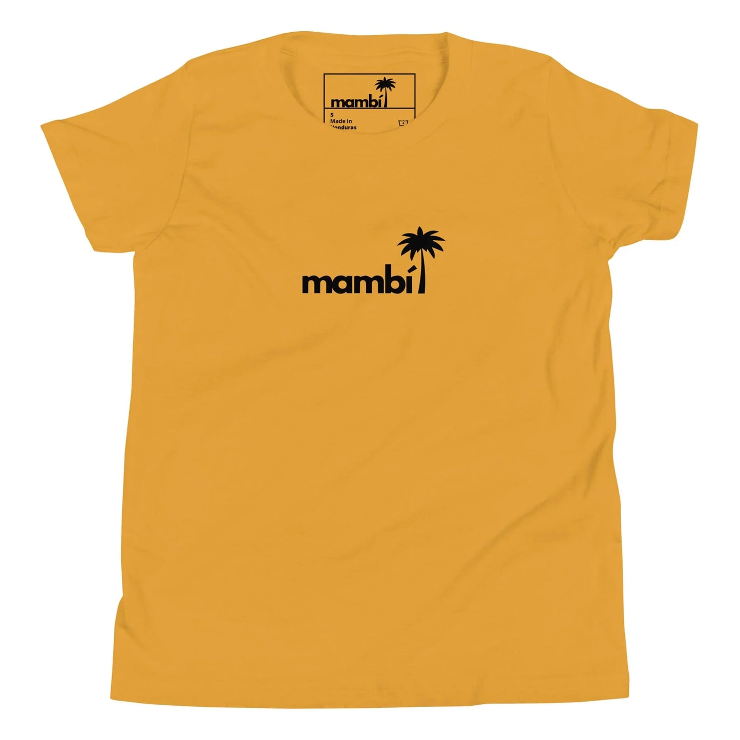 A yellow t-shirt features the word Mambí in lowercase black letters with a black palm tree graphic integrated into the text above the letter i.