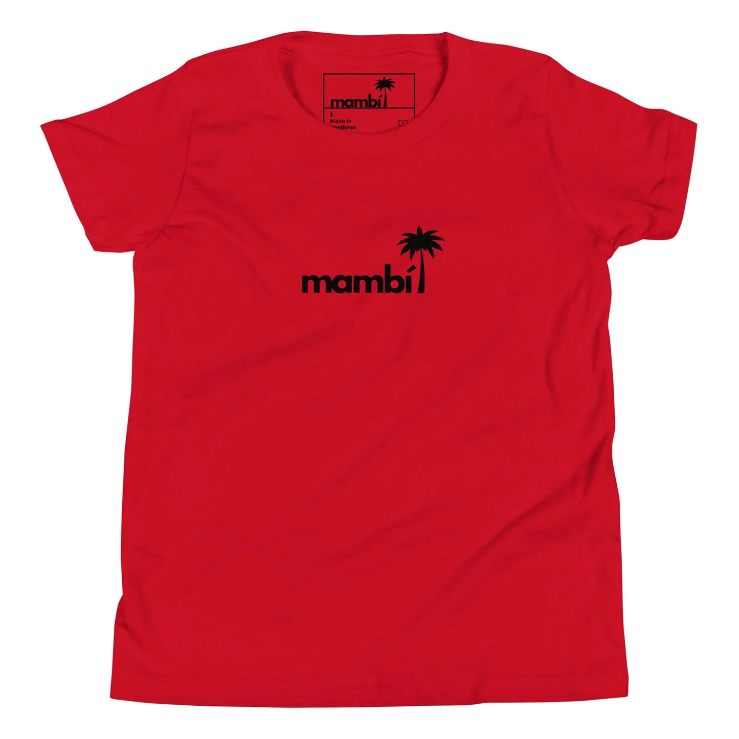 A red t-shirt featuring Mambí in bold black lowercase letters, with a small black palm tree graphic above the i at the center of the chest.
