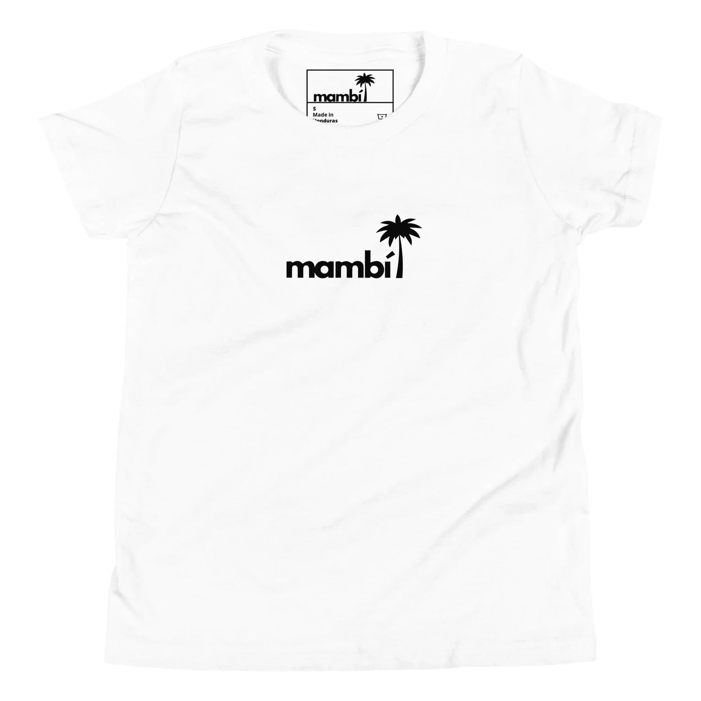 White t-shirt featuring the word Mambí in black lowercase letters centered on the chest, with a small black palm tree graphic above the letter i.