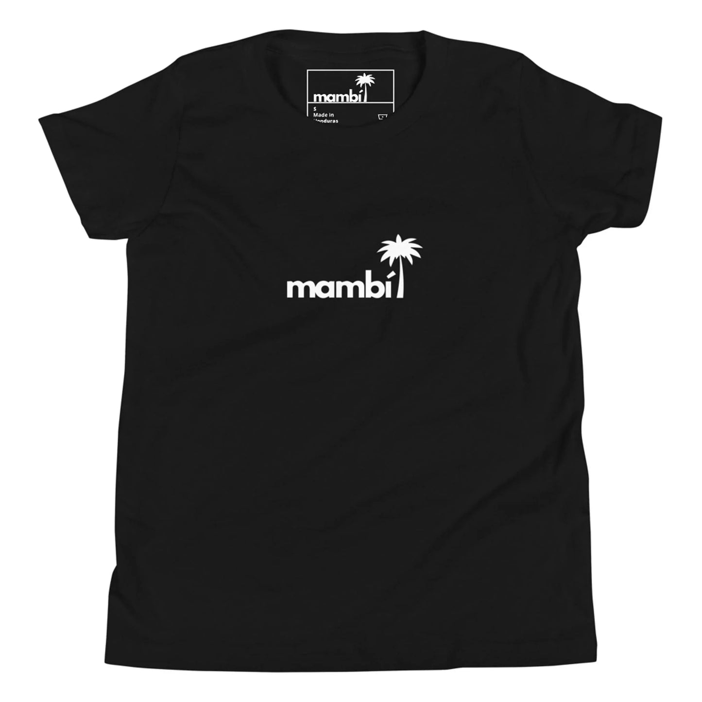 Black t-shirt featuring the word Mambí in white lowercase letters, with the letter i stylized as a palm tree. The design is centered on the chest.