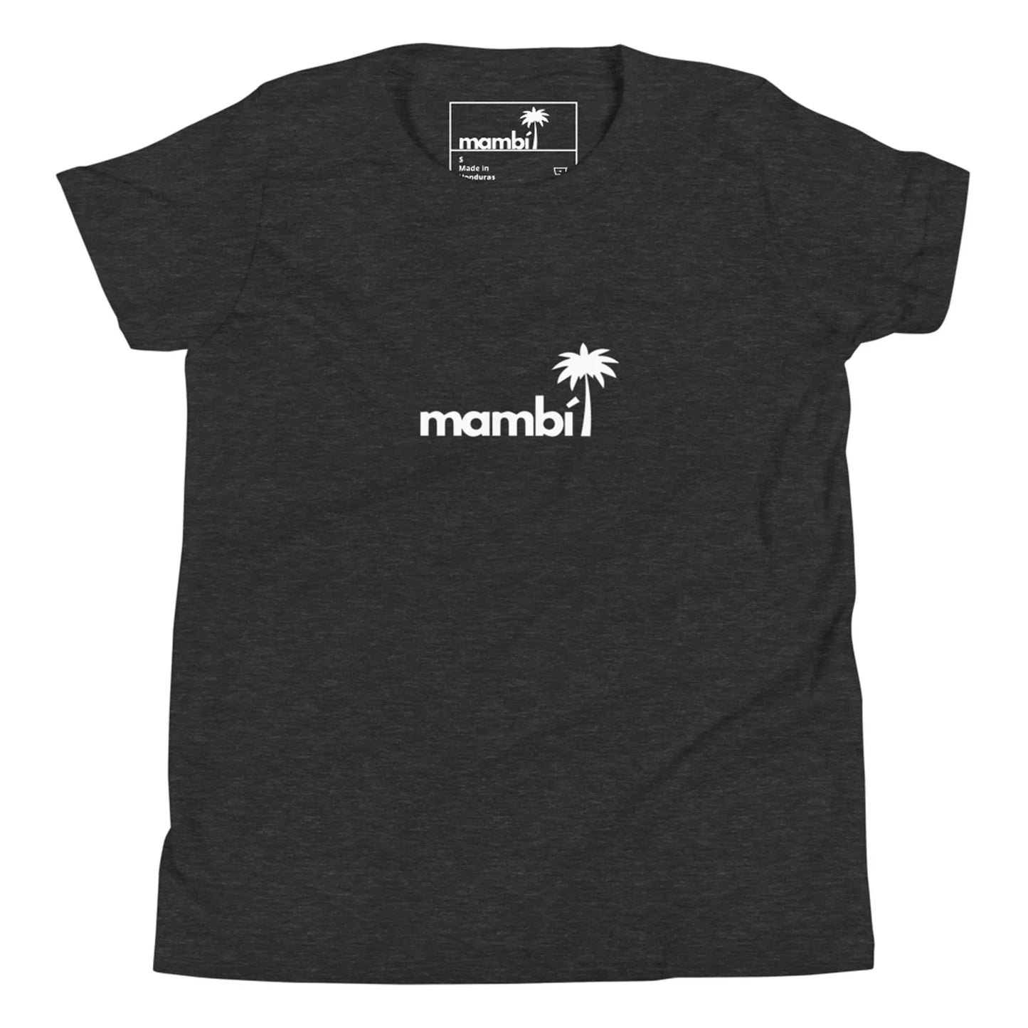 A black t-shirt with the word Mambí in white lowercase letters centered on the chest, featuring a white palm tree graphic above the letter i.