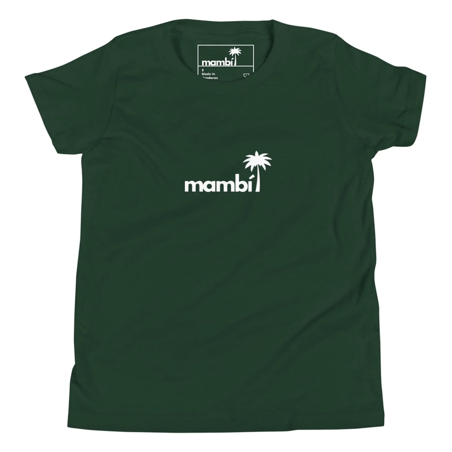 A dark green Mambí t-shirt featuring the word mambi in white lowercase letters and a white palm tree graphic above the letter i on the front center.