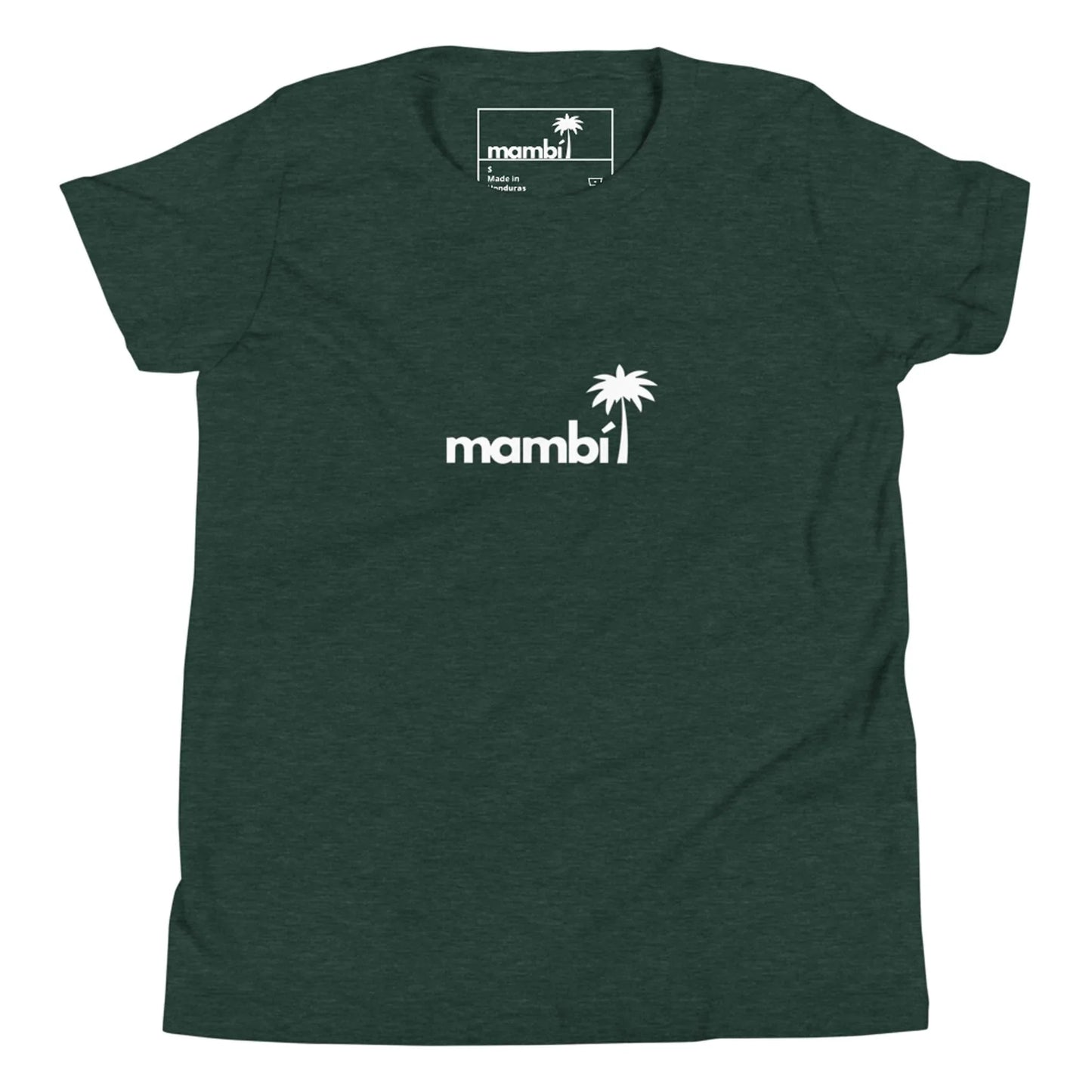 A dark green t-shirt featuring the word Mambí in white lowercase letters centered on the chest, with a white palm tree graphic replacing the dot above the letter i.