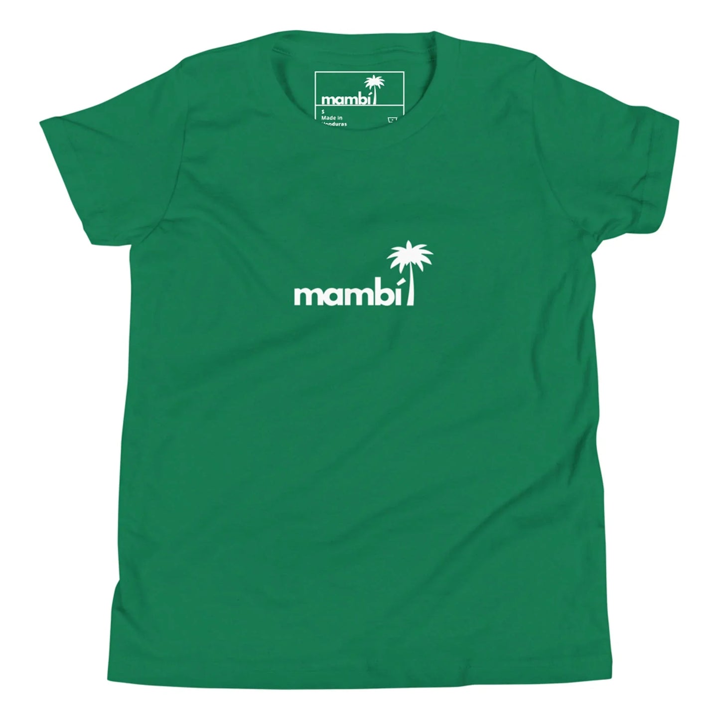 A green t-shirt featuring the word Mambí in white lowercase letters, with a small white palm tree graphic above the letter i at the center of the chest.