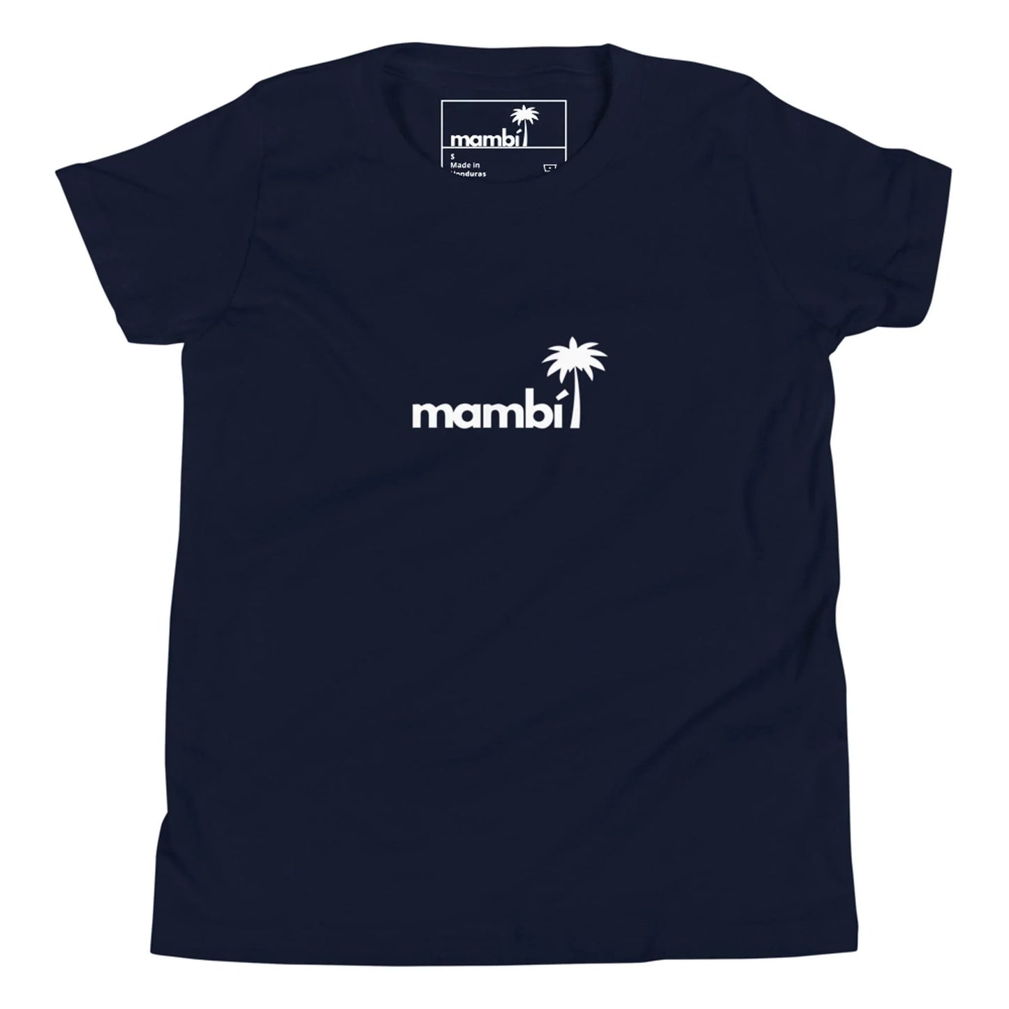 Navy blue t-shirt featuring Mambí in white lowercase letters with a white palm tree graphic above the letter i on the front.