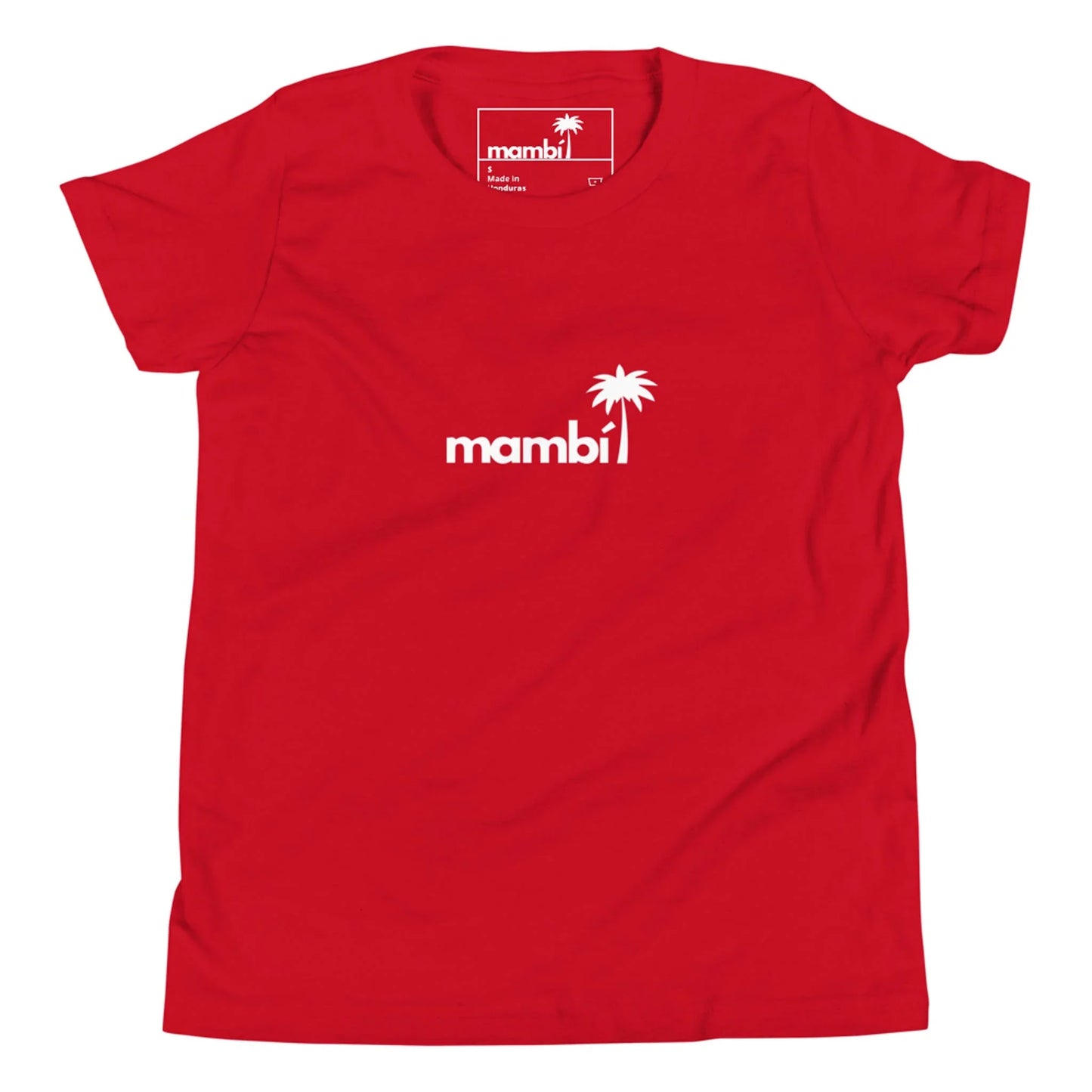 A red t-shirt with the word Mambí printed in white lowercase letters on the front, featuring a white palm tree graphic sprouting from the last letter.