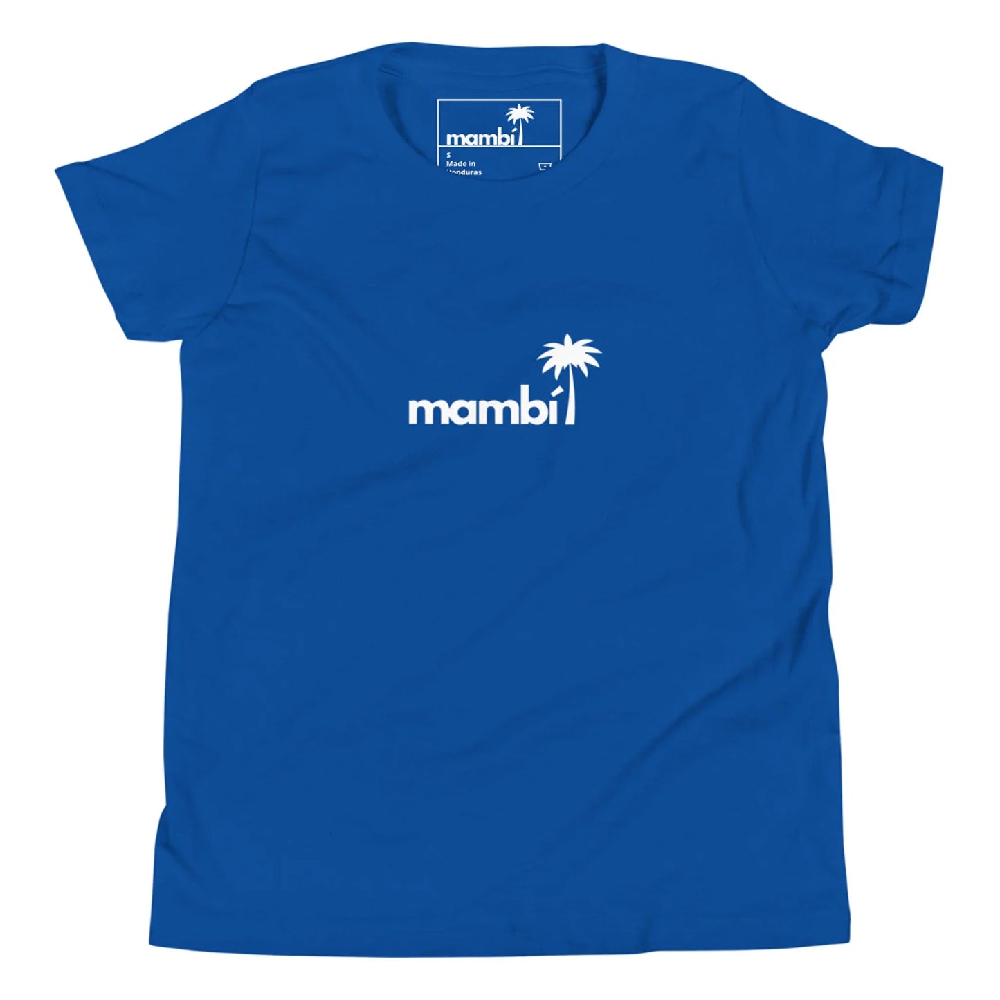 A royal blue t-shirt featuring “Mambí” in lowercase white letters, with a white palm tree graphic integrated above the letter “i” in the center of the shirt.