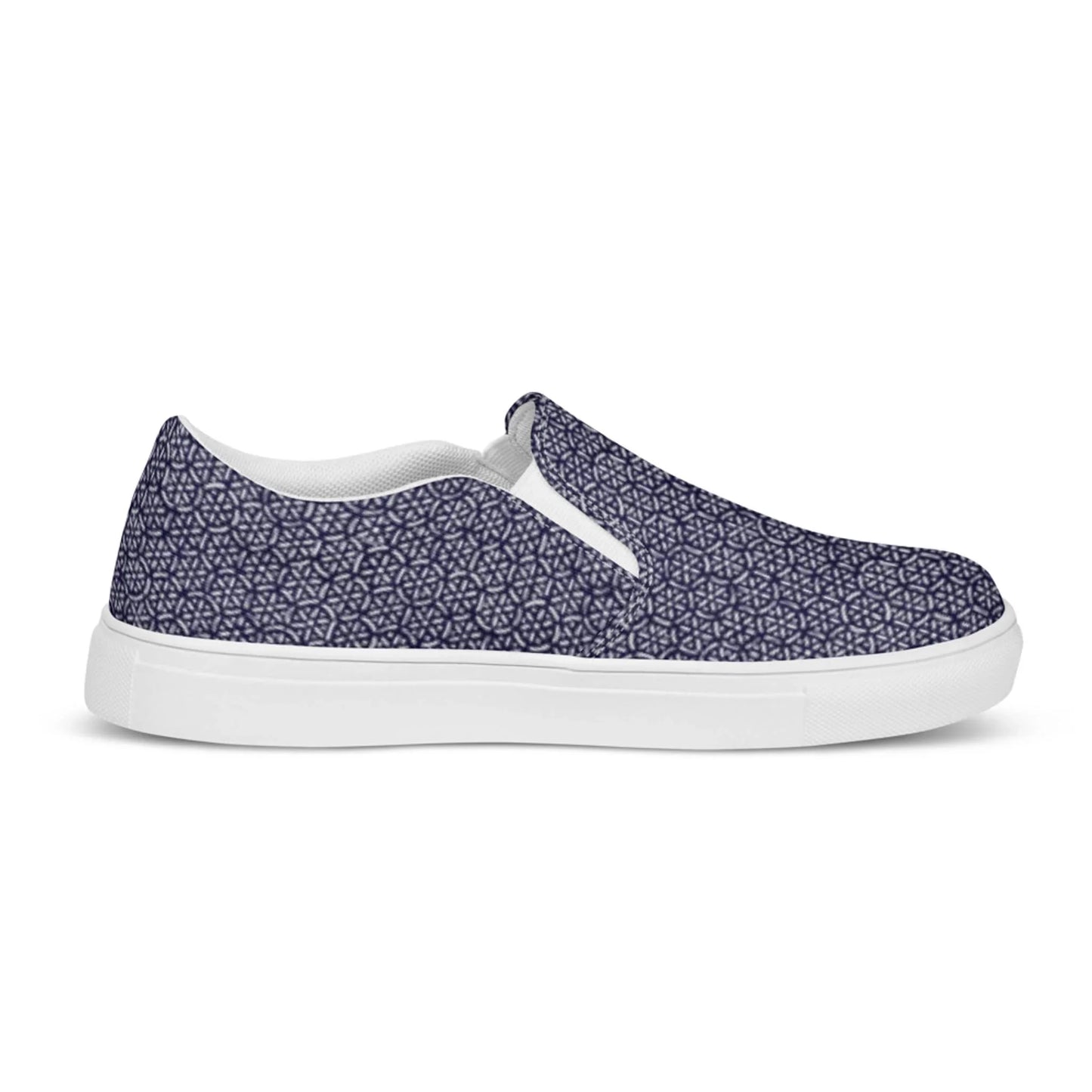 The Digno Handmade Slip-On Canvas Shoes for men by Printful feature a navy blue canvas, white sole, and a geometric hexagon and triangle pattern—making them the perfect fashion statement for any casual outfit.