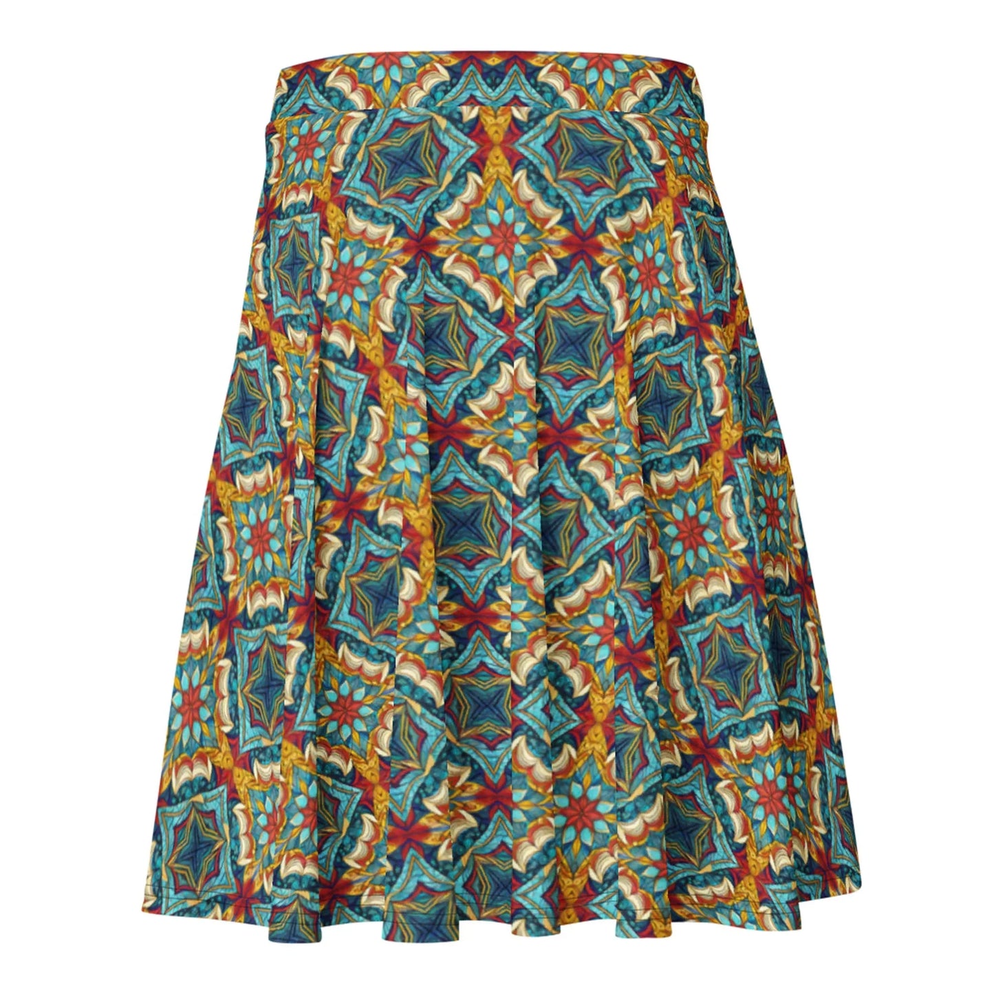 The Dinorah Skater Skirt by Printful features a knee-length, flared silhouette with a vibrant geometric pattern of star and floral shapes in blue, yellow, red, and green on flowing fabric for a flattering look.