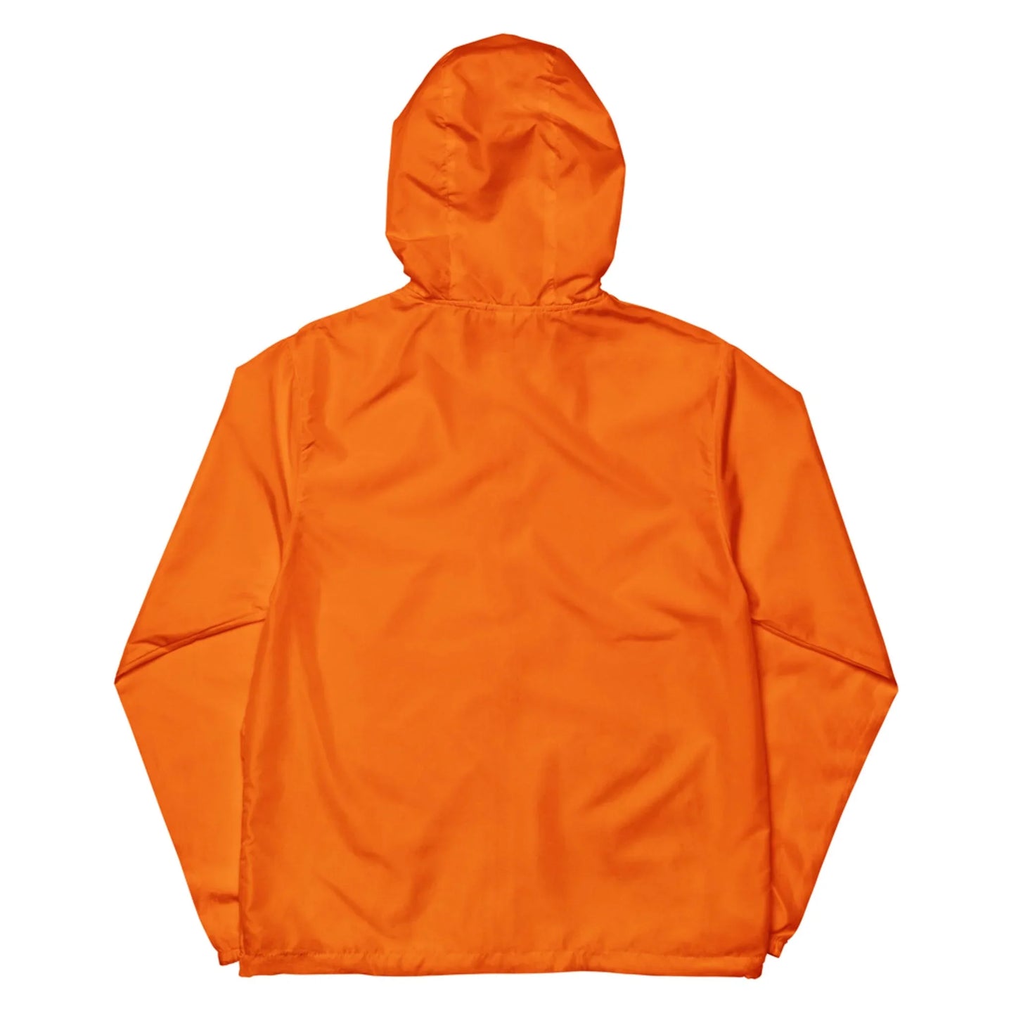 A bright orange Mambí hooded jacket is displayed flat with the back facing up, showing long sleeves and a loose fit. The fabric appears smooth and lightweight.