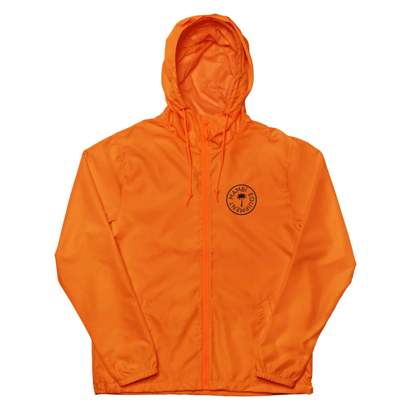 Bright orange Mambí hooded jacket with front zipper, drawstrings, and a circular black logo on the left chest. Featuring long sleeves, this lightweight jacket is ideal for casual wear or outdoor activities.