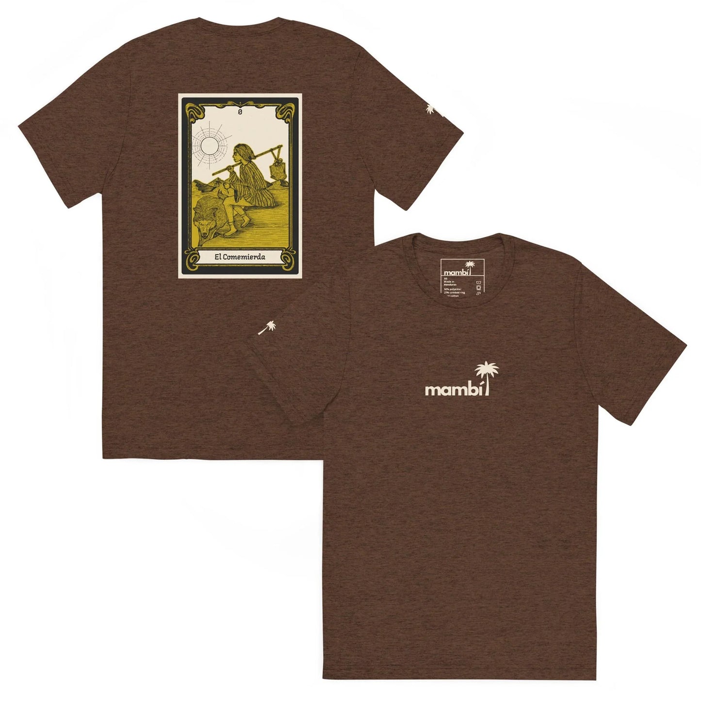 The El Comemierda Tri-Blend Graphic Tee by Printful is a comfy unisex shirt with a small white mambi logo and palm tree on the front, plus a bold Lotería card design on the back—ideal for fans of unique graphic tees.