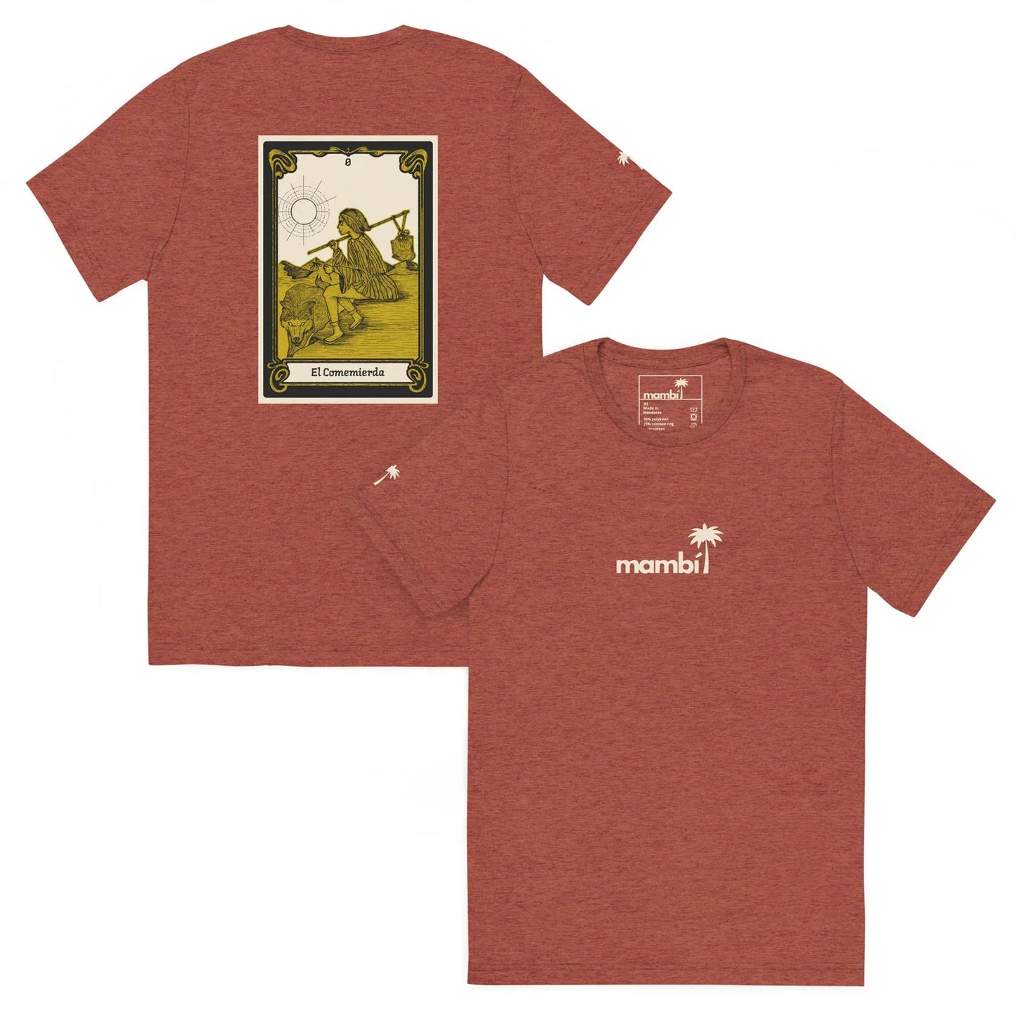 The El Comemierda Tri-Blend Graphic Tee by Printful features a small white mambi palm logo on the front and a bold yellow Lotería-style graphic on the back. This unisex tee delivers standout style in comfy cotton for unique graphic tee fans.
