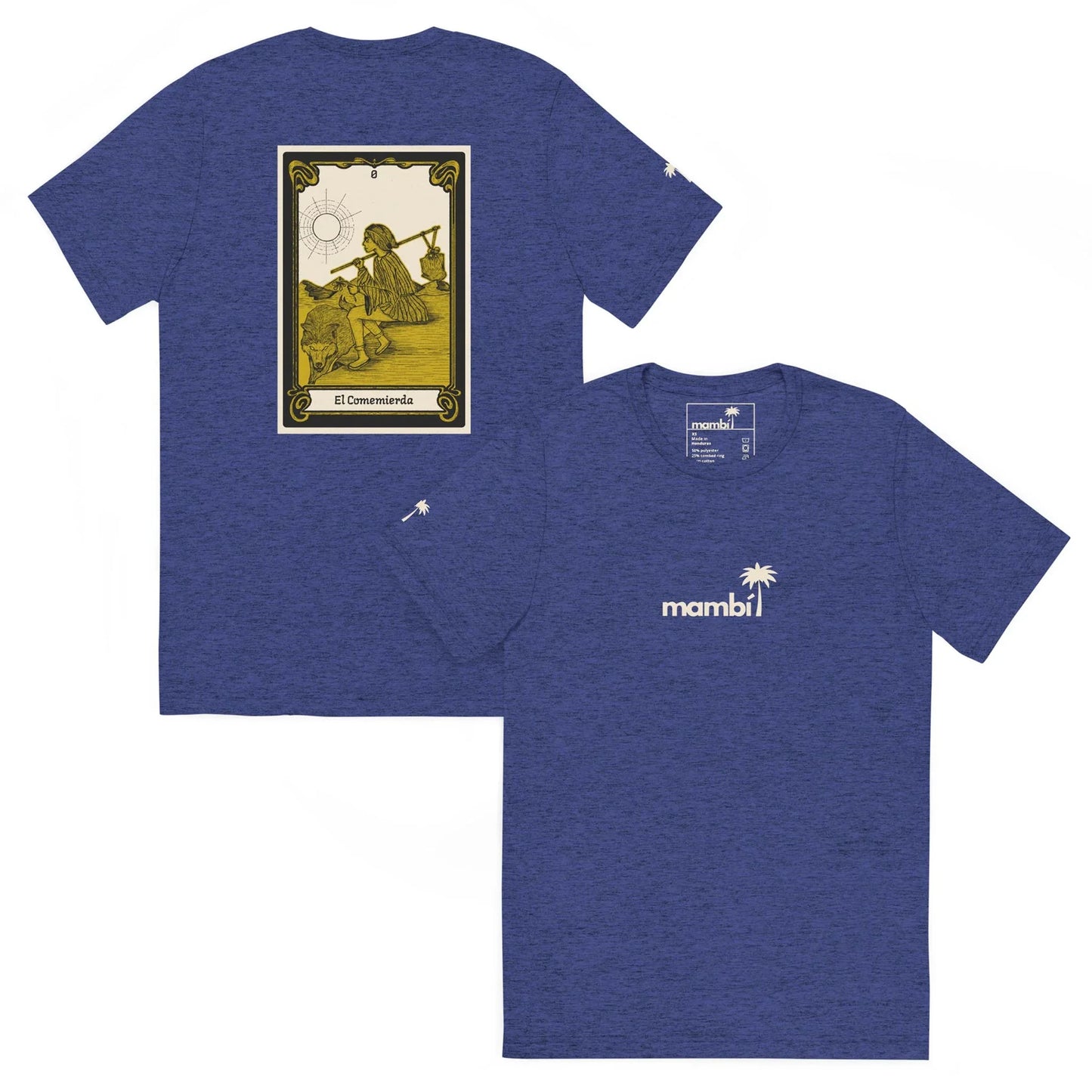 The Printful El Comemierda Tri-Blend Graphic Tee features a soft blue fabric, small mambi logo with palm tree on the front, and bold yellow tarot card graphic on the back—ideal for fans of standout unisex tees.