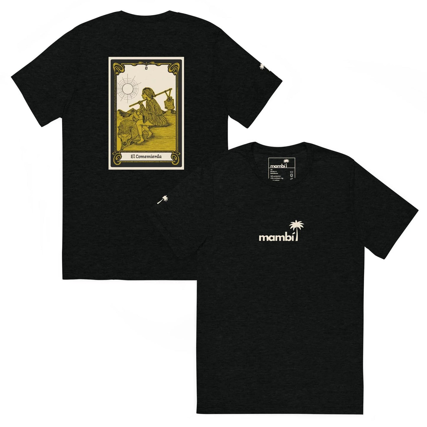 The El Comemierda Tri-Blend Graphic Tee by Printful features a small front “mambi” logo with a palm tree and a yellow, vintage tarot-style back graphic of a figure under the sun. Unisex fit for comfort and style.