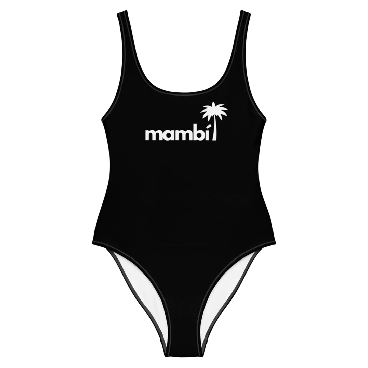 A black one-piece swimsuit featuring Mambí and a palm tree graphic in white on the chest. The suit has a scoop neckline and high-cut legs.