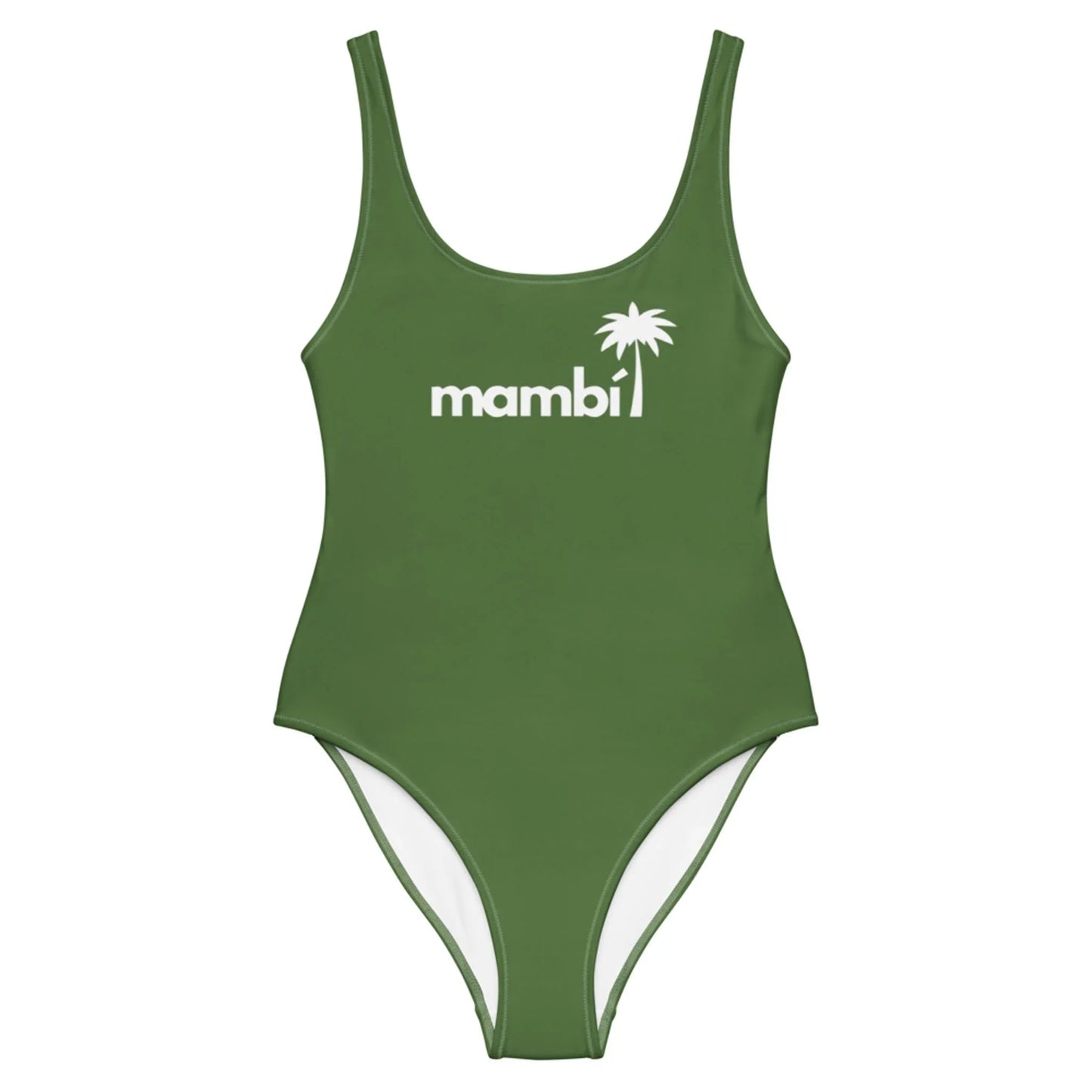 A green one-piece swimsuit featuring Mambí and a white palm tree graphic on the chest, with a scoop neckline and high-cut legs.