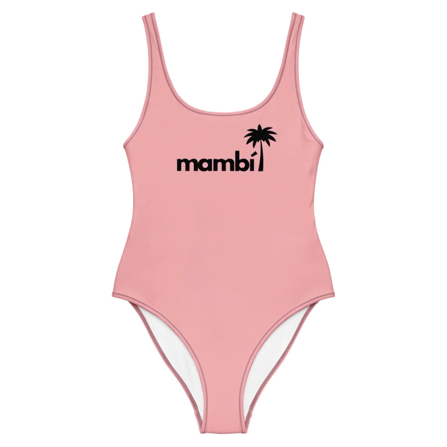 A light pink one-piece swimsuit featuring Mambí and a black palm tree graphic on the chest, with a scoop neckline and high-cut legs.