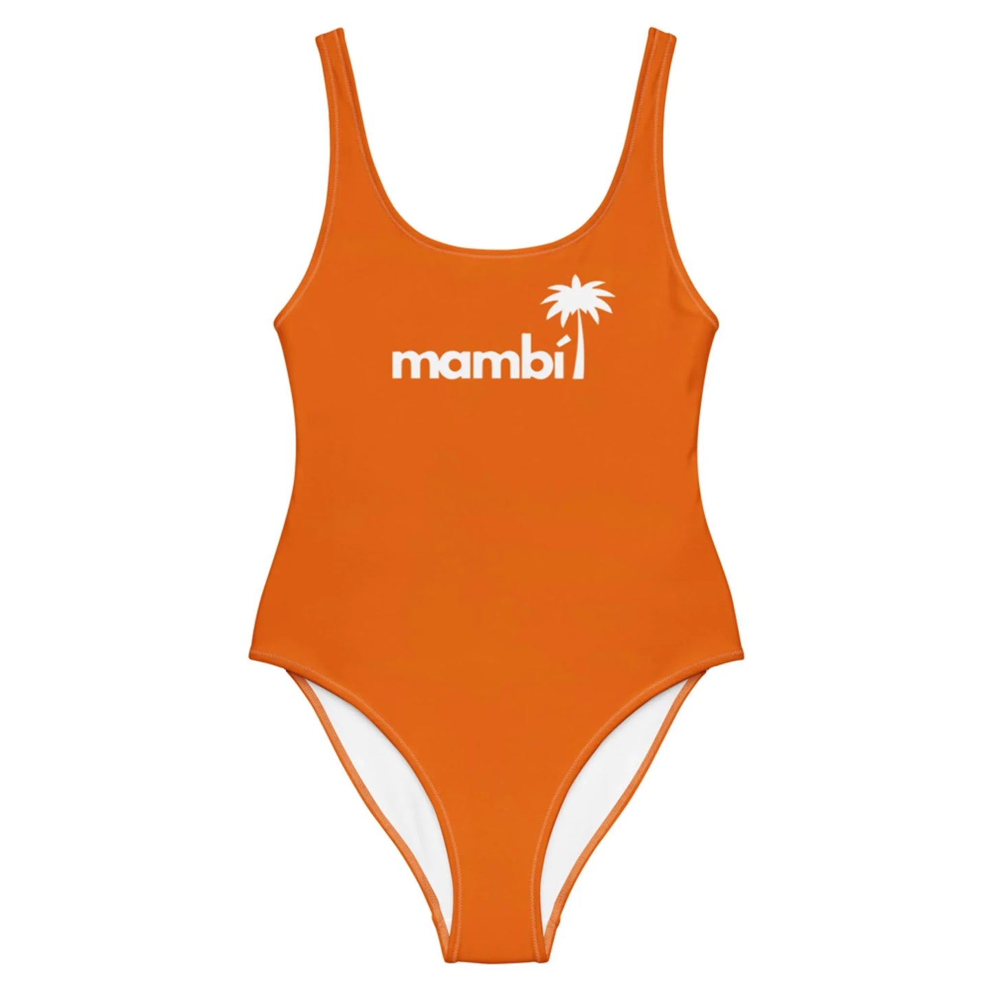 An orange one-piece swimsuit featuring Mambí and a palm tree graphic in white on the chest. The suit has a scoop neckline and high-cut legs.