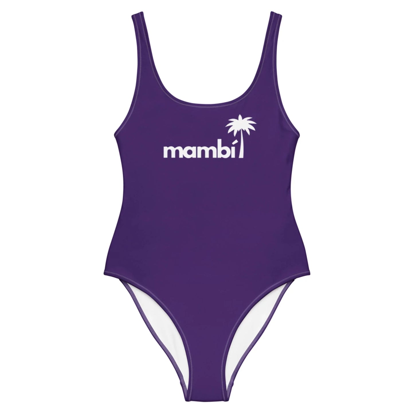A purple one-piece swimsuit featuring the word Mambí in white lowercase letters and a white palm tree graphic above the text on the chest area.