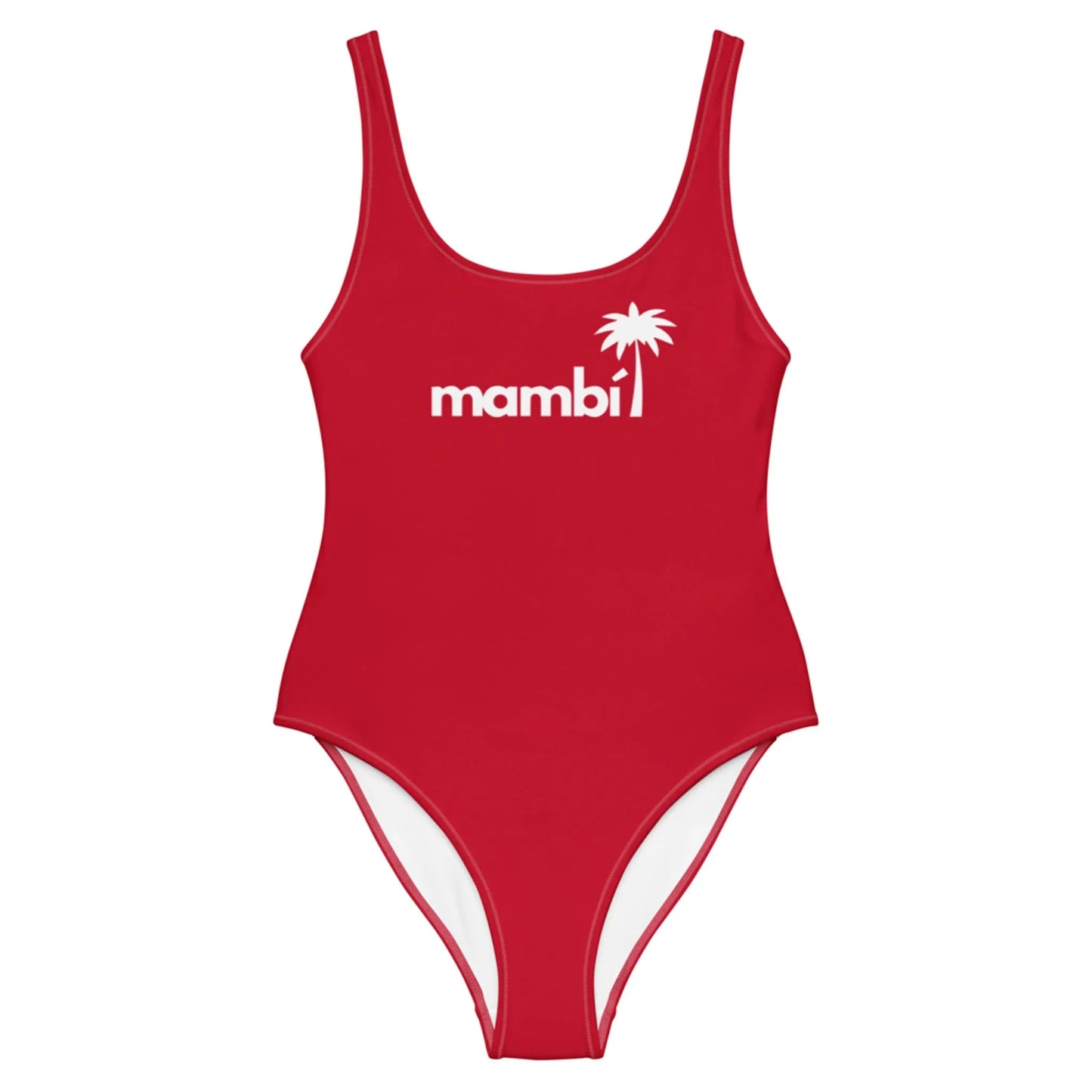 A red one-piece swimsuit featuring Mambí and a white palm tree graphic on the chest, with a scoop neckline and high-cut legs.