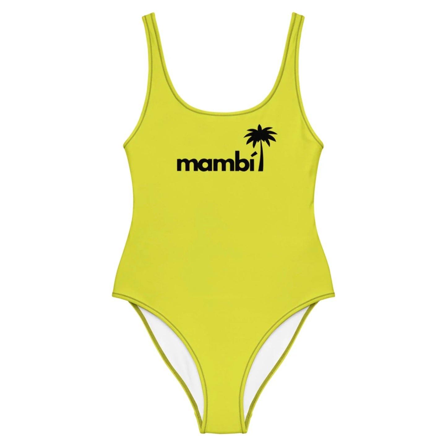 A yellow one-piece swimsuit featuring Mambí and a black palm tree graphic on the chest, with a scoop neckline and high-cut legs.
