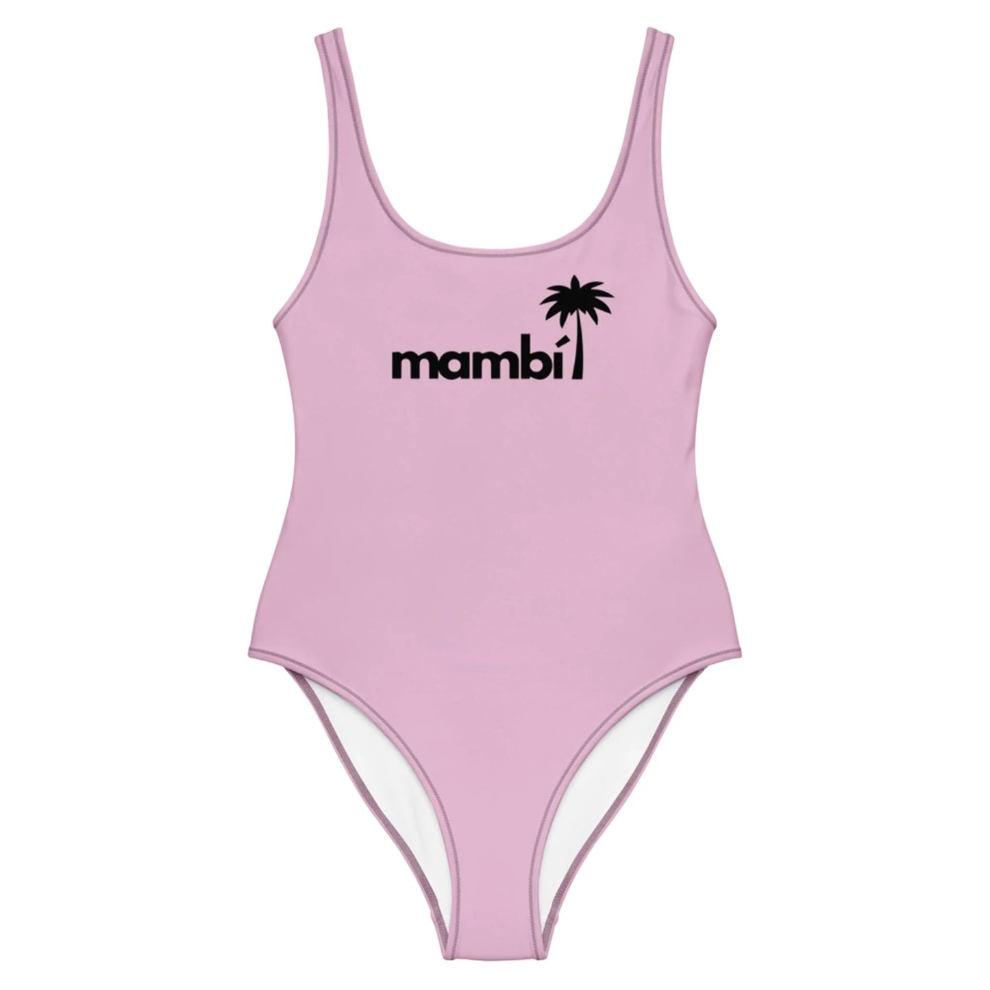 A light pink one-piece swimsuit featuring Mambí and a black palm tree graphic on the chest.