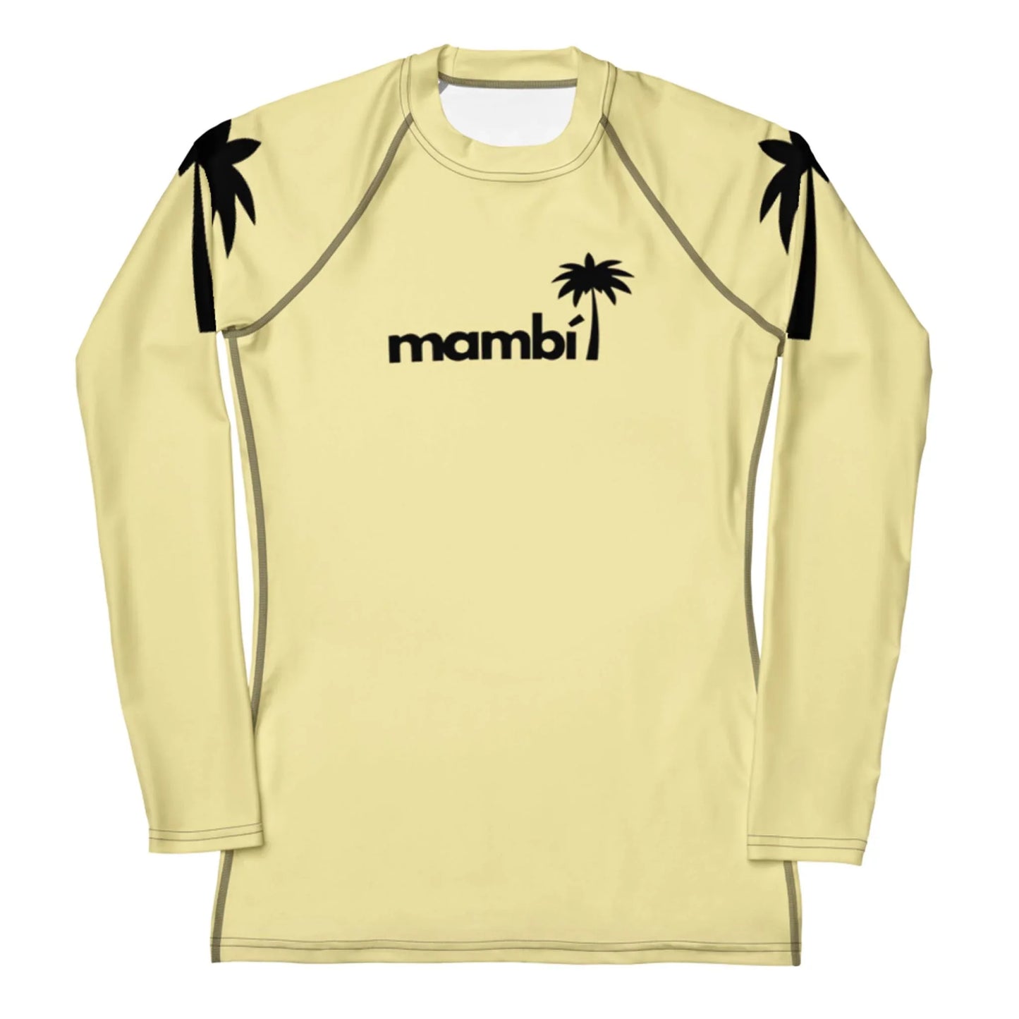 The Ellie Classic Long-Sleeve Rash Guard for women by Printful features light yellow fabric, black mambi text with a palm tree graphic on the chest, black palm silhouettes on the shoulders, UPF 50+ protection, and durable watersports wear.