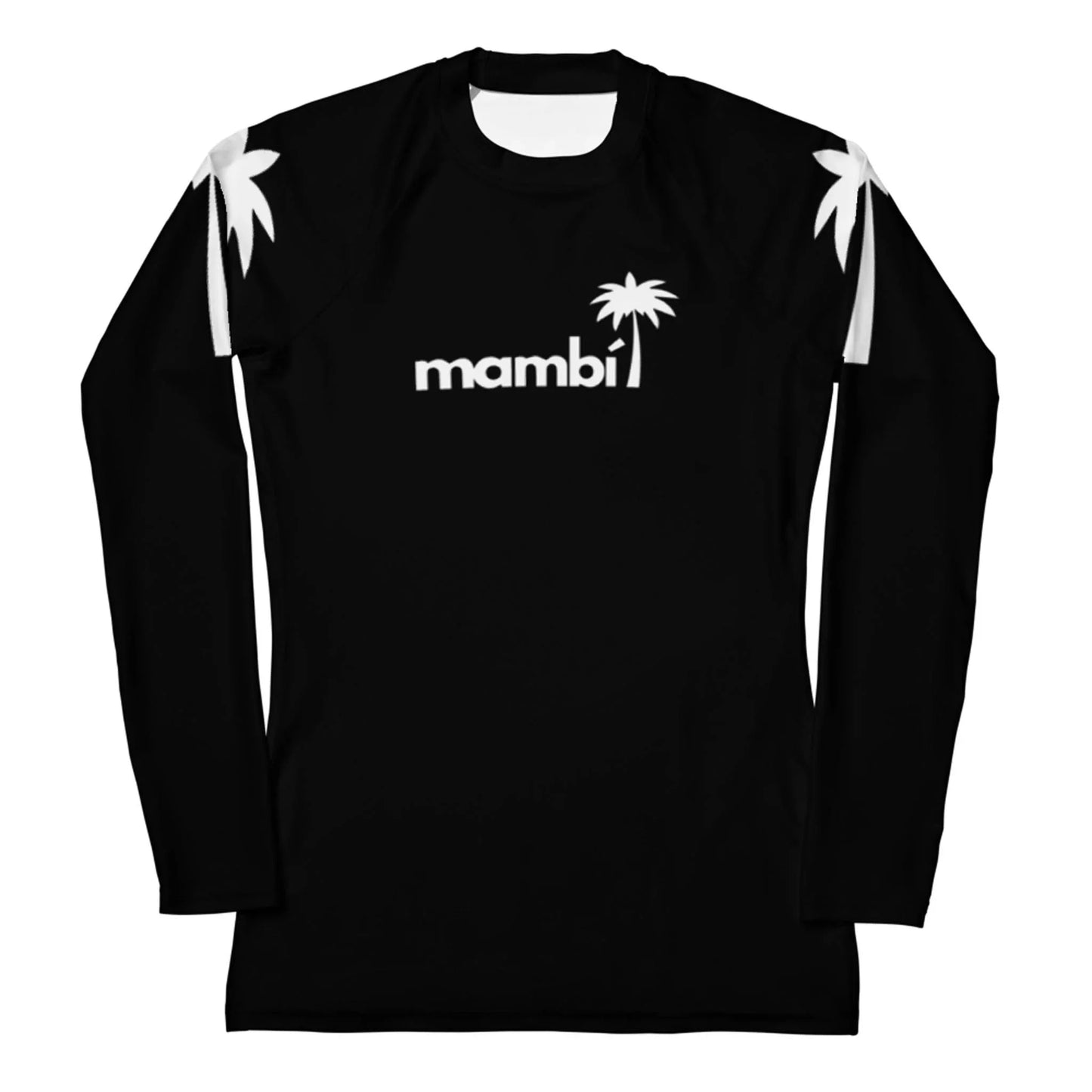 The Printful Ellie Classic Long-Sleeve Rash Guard for women features black fabric, white palm tree graphics on the shoulders, mambi in white with a small palm tree on the chest, and offers UPF 50+ protection for watersports durability.