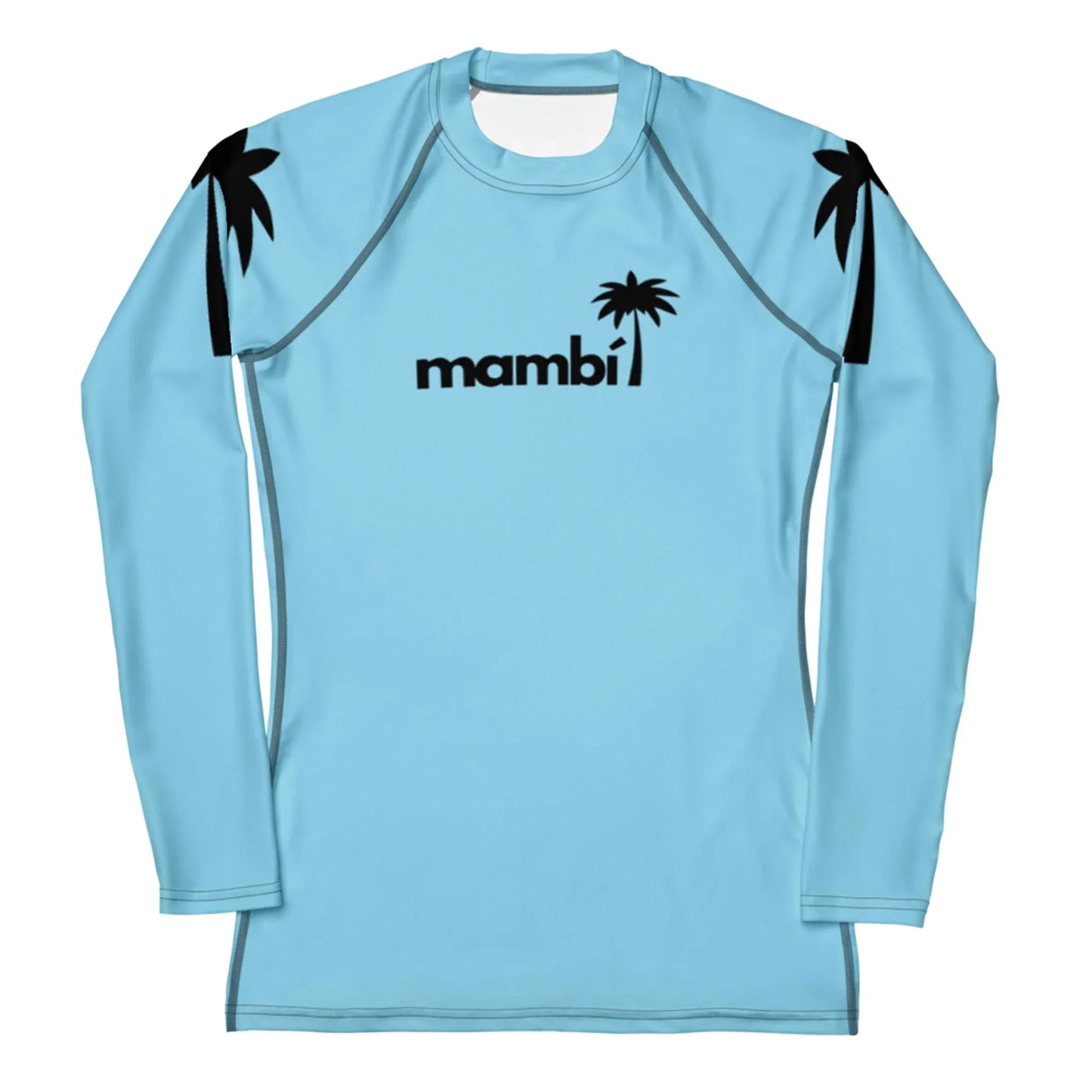 The Printful Ellie Classic Long-Sleeve Rash Guard for women features a fitted, light blue design with mambi in black and palm trees on the chest and shoulders. Enjoy watersports durability and UPF 50+ sun protection in this simple style.