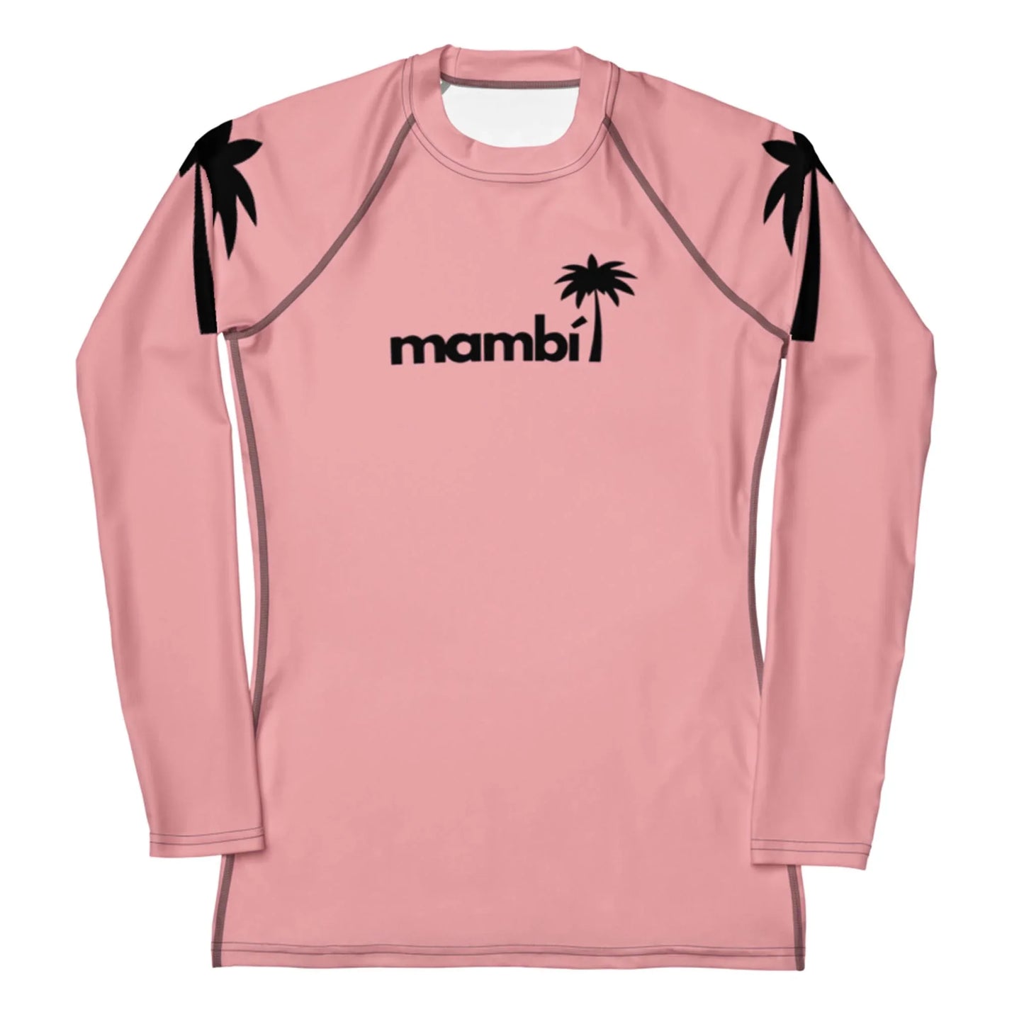 The Printful Ellie Classic Long-Sleeve Rash Guard for women features pink fabric, black palm tree graphics on the shoulders, mambi text with a palm tree symbol on the chest, and offers UPF 50+ sun protection.