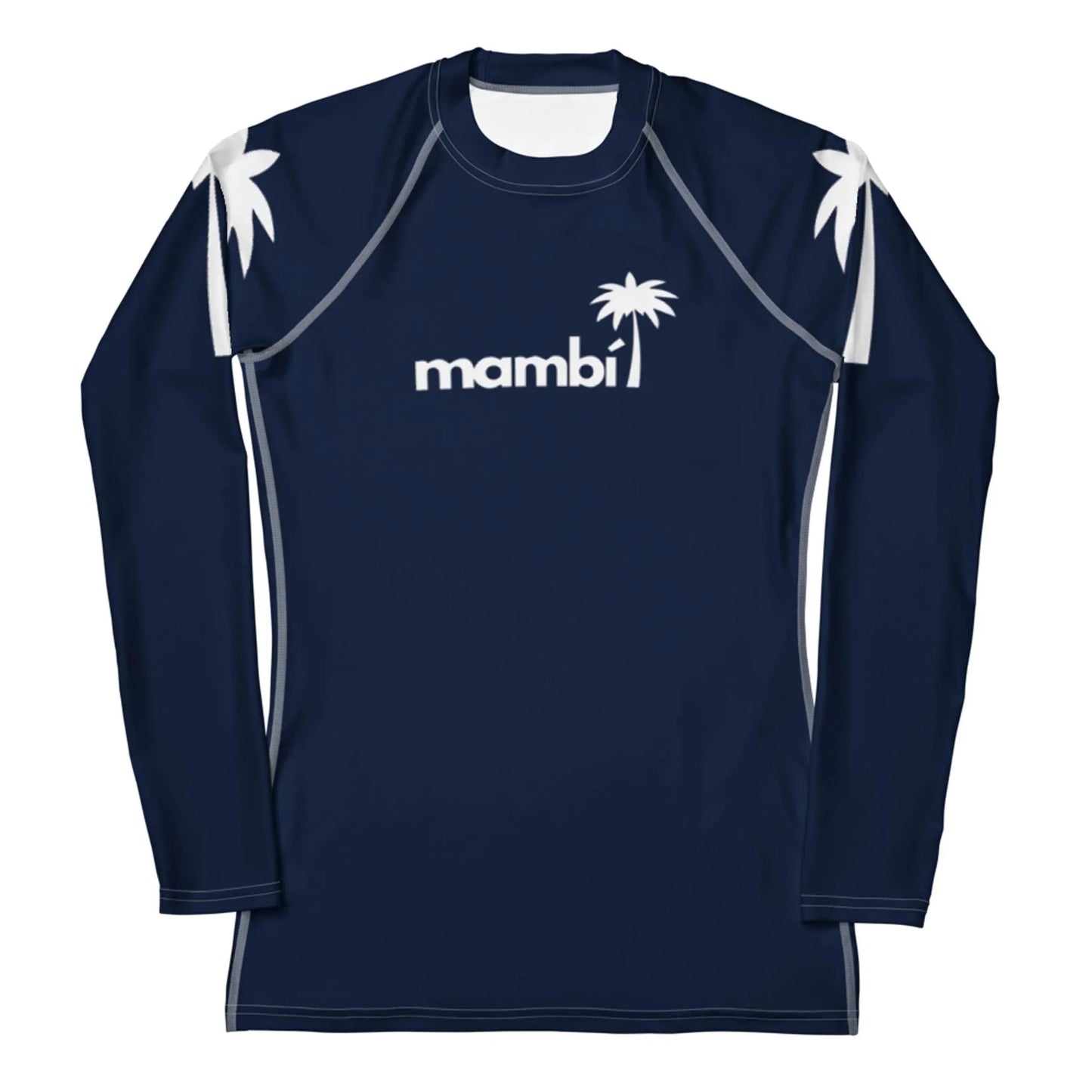 Printfuls Ellie Classic Long-Sleeve Rash Guard for women comes in navy blue with white palm tree graphics and a mambi palm logo. UPF 50+ sun protection and durable design make it perfect for watersports.