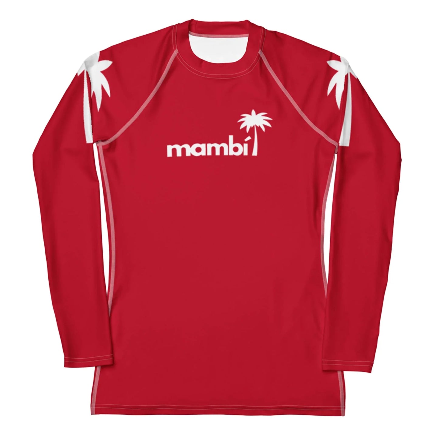 The Ellie Classic Long-Sleeve Rash Guard for women by Printful features white palm tree graphics and mambi on red fabric, plus UPF 50+ protection for superior sun safety.