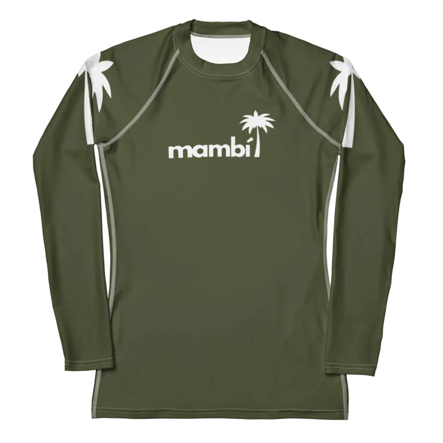 The Printful Ellie Classic Long-Sleeve Rash Guard for women features UPF 50+ protection, olive green fabric with white palm tree graphics, “mambi” chest logo, durable watersports design, and stylish white piping on sleeves and sides.