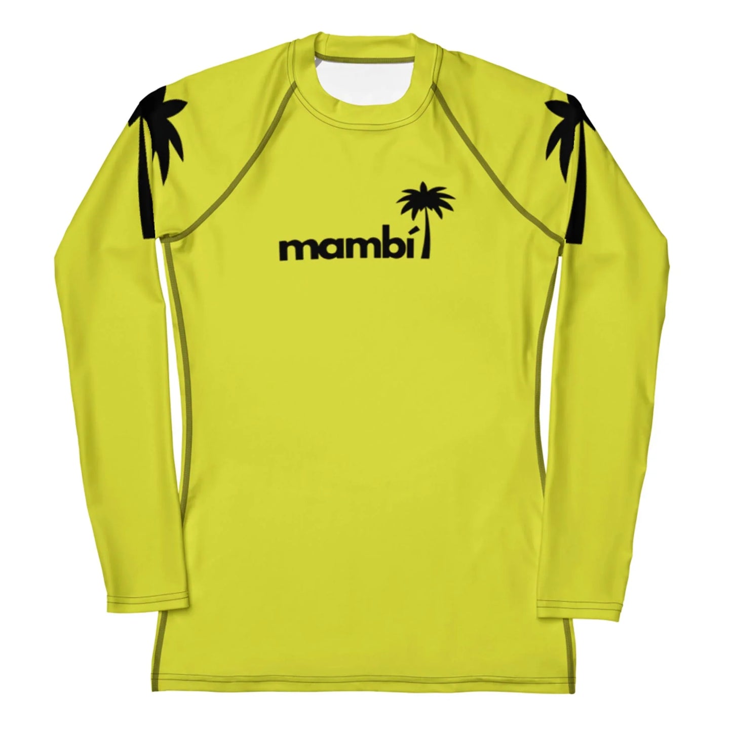 The Printful Ellie Classic Long-Sleeve Rash Guard for women features neon yellow fabric, black “mambi” text, palm tree graphics, a crew neck, fitted style, and UPF 50+ protection—perfect for watersports.