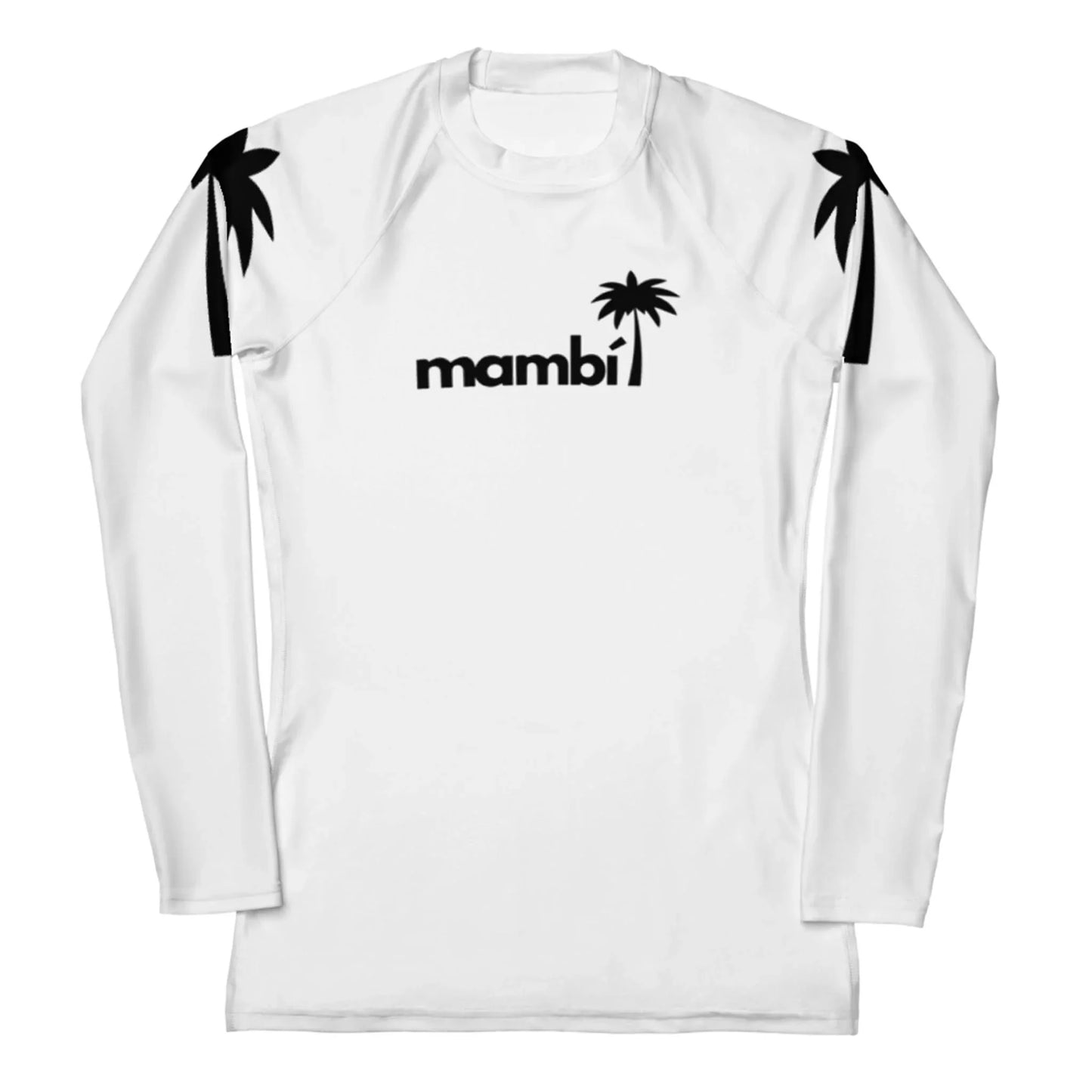 Printful’s “Ellie” Classic Long-Sleeve Rash Guard for women is a white shirt with black palm tree graphics on the shoulders, “mambi” on the chest, and offers UPF 50+ protection—perfect durability for watersports.