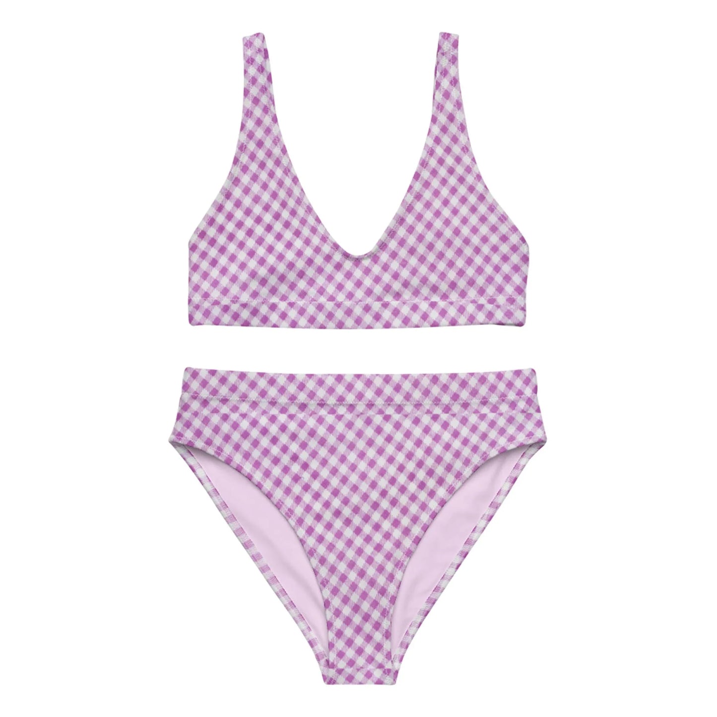 A two-piece Mambí bikini set with a purple and white gingham check pattern. The top features a deep V-neckline and wide straps, while the high-waisted bottoms offer a moderate leg cut.