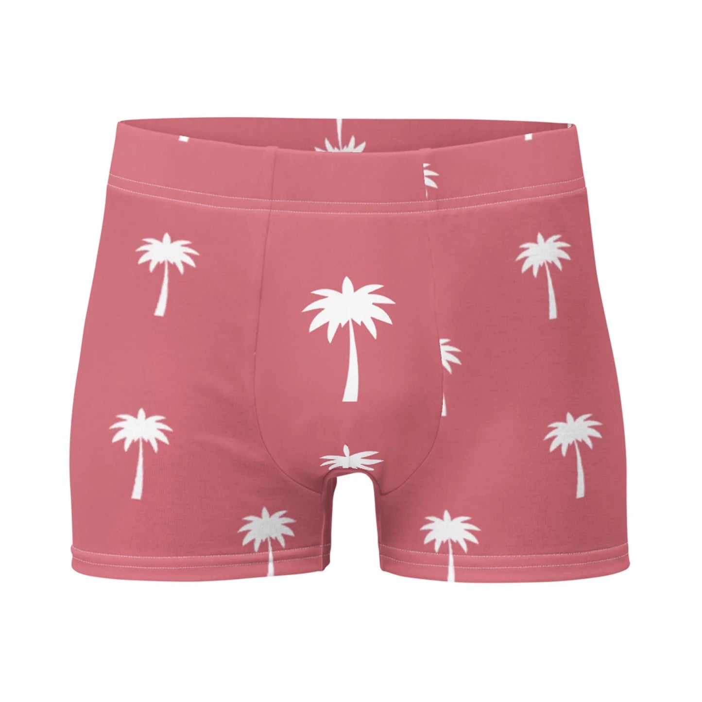 The Printful Emerson Mens Boxer Briefs feature a pink design with white palm trees, no back seam, and a visible waistband, combining comfort and style in every detail.