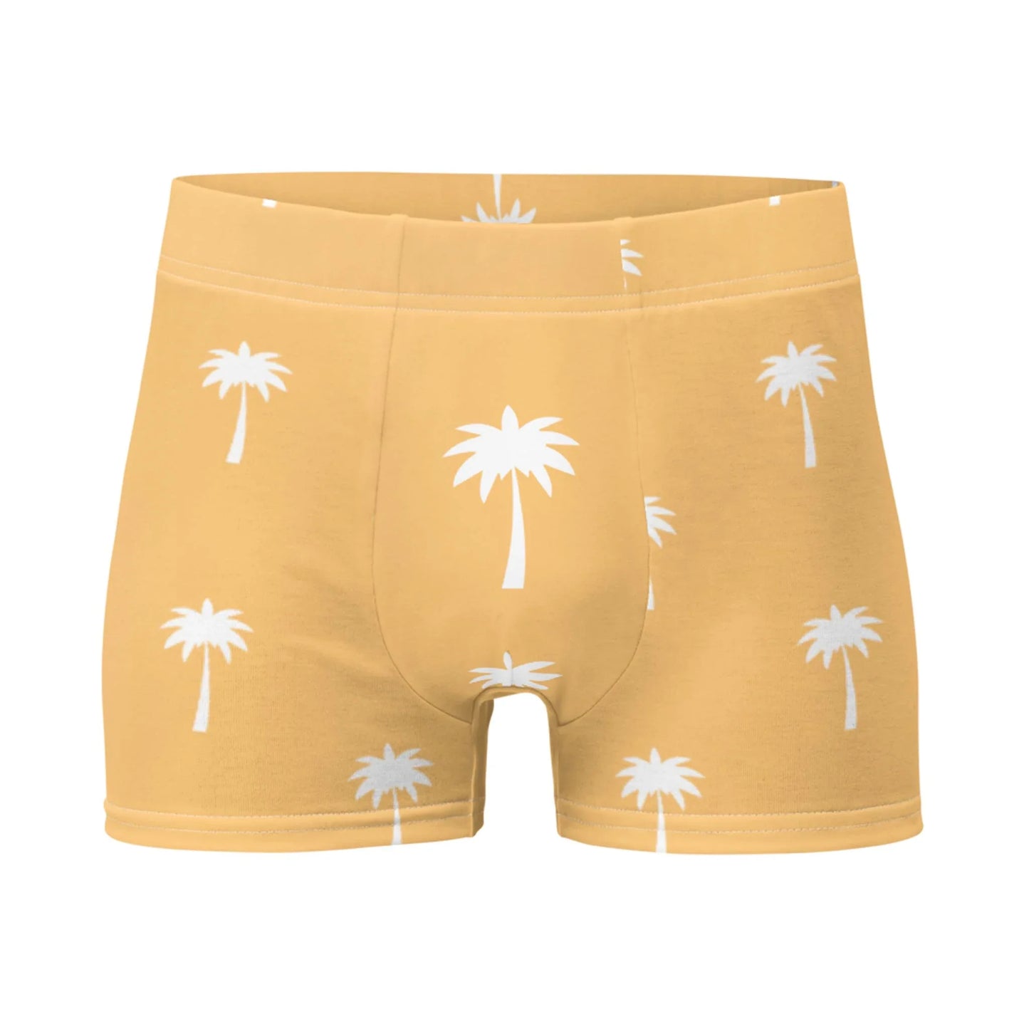The Emerson Boxer Brief by Printful features a yellow design with white palm trees and a no-back-seam construction for a seamless fit, shown on a plain white background.