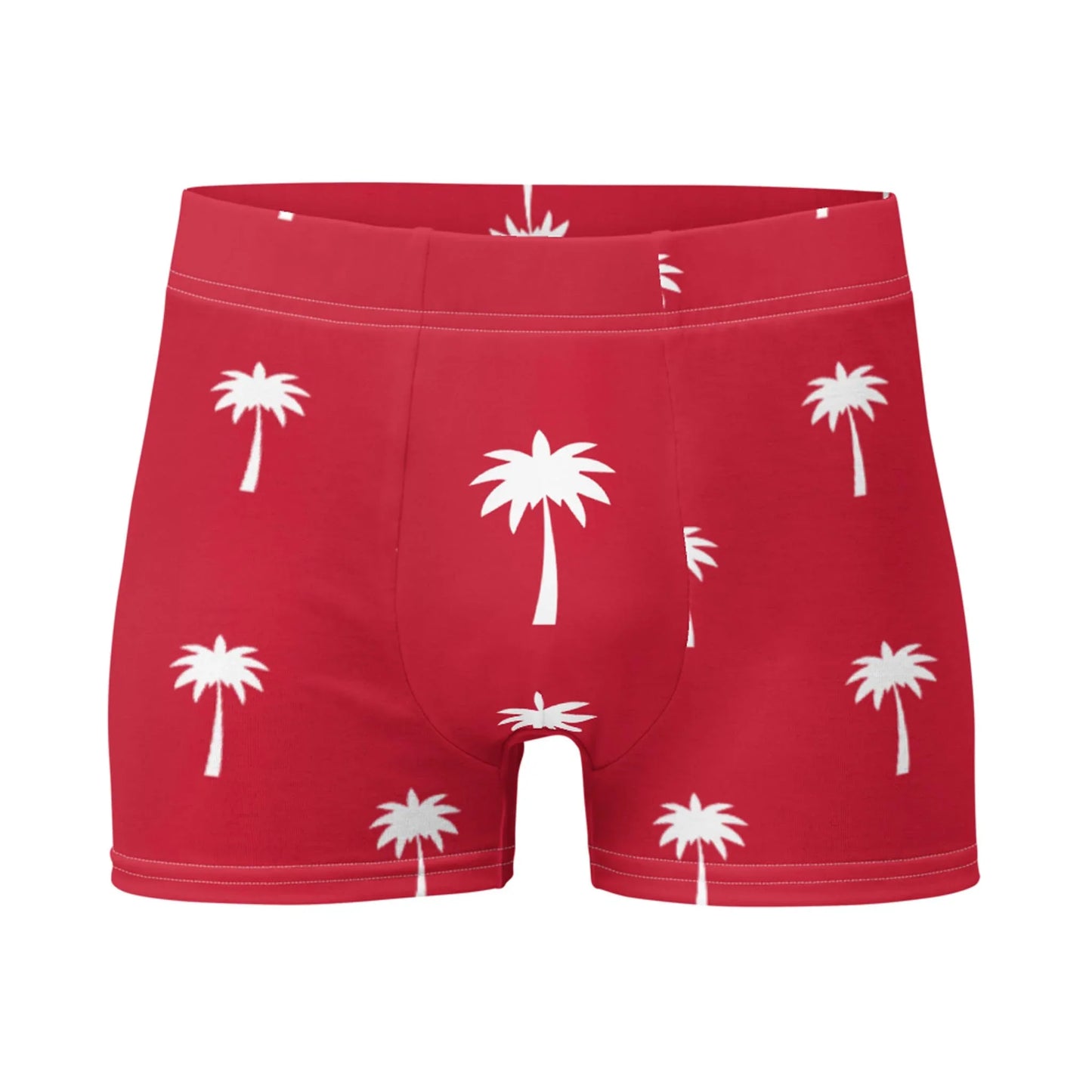 The Printful Emerson Boxer Brief for men features a red design with white palm trees, offering a seamless fit and all-day comfort, shown against a white background.