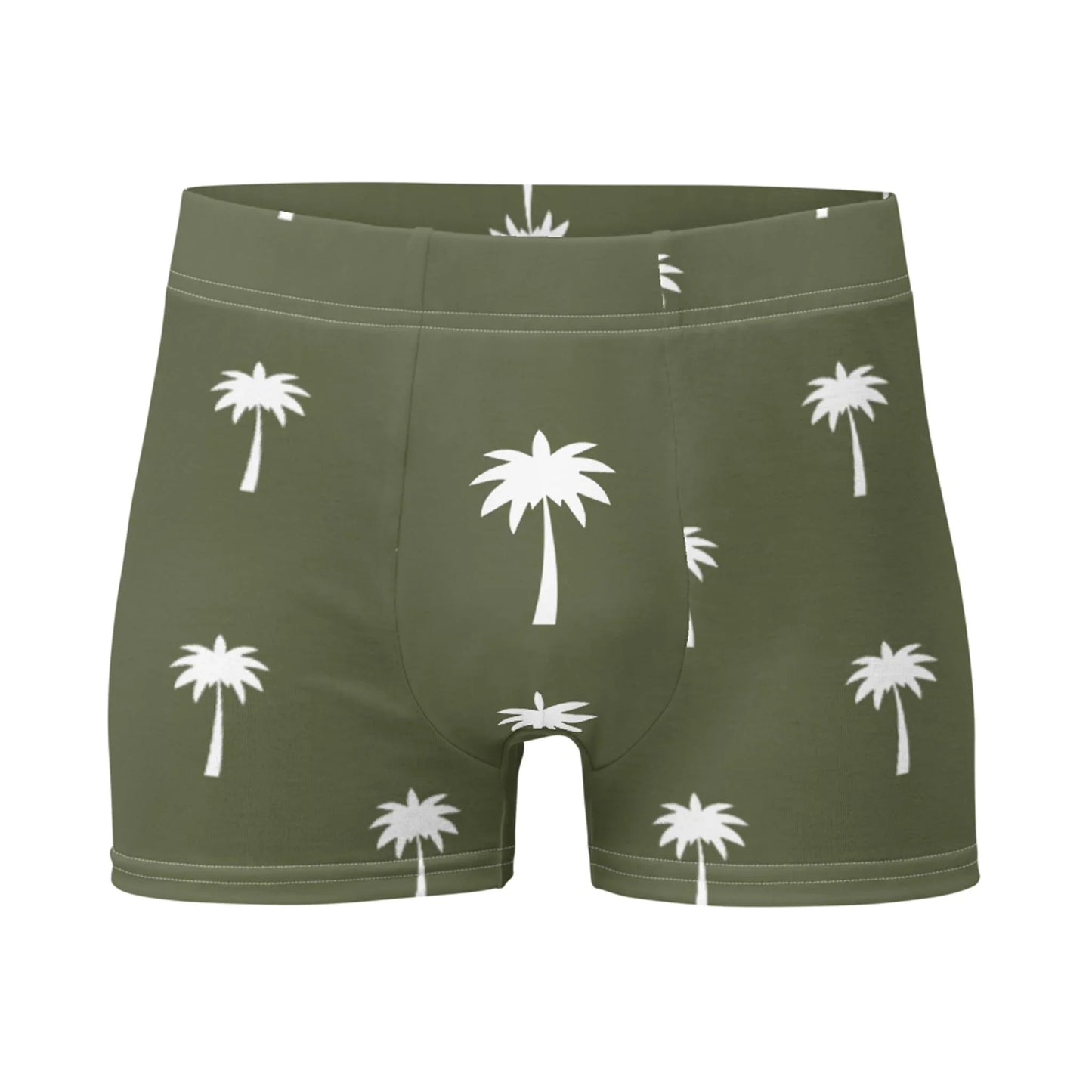 The Emerson Boxer Brief for men by Printful features an olive green color with white palm tree prints, a seamless fit, and is shown against a plain white background.