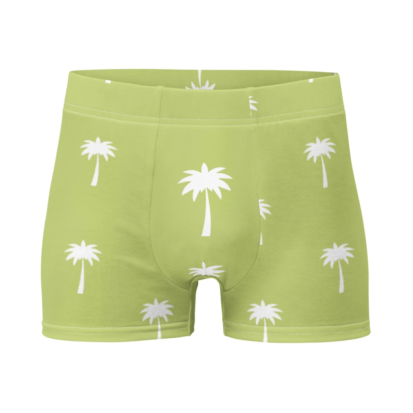 The Emerson Boxer Brief by Printful features a light green design with an all-over white palm tree print and offers a seamless fit for all-day comfort.