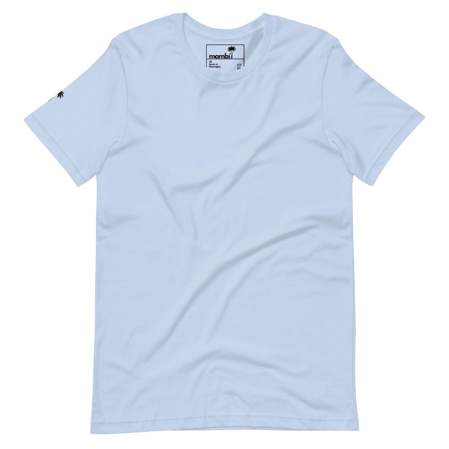 A plain light blue short-sleeve t-shirt featuring a small black palm tree logo on the left sleeve and a white neck label displaying the brand name Mambí. The shirt is laid flat on a white background.