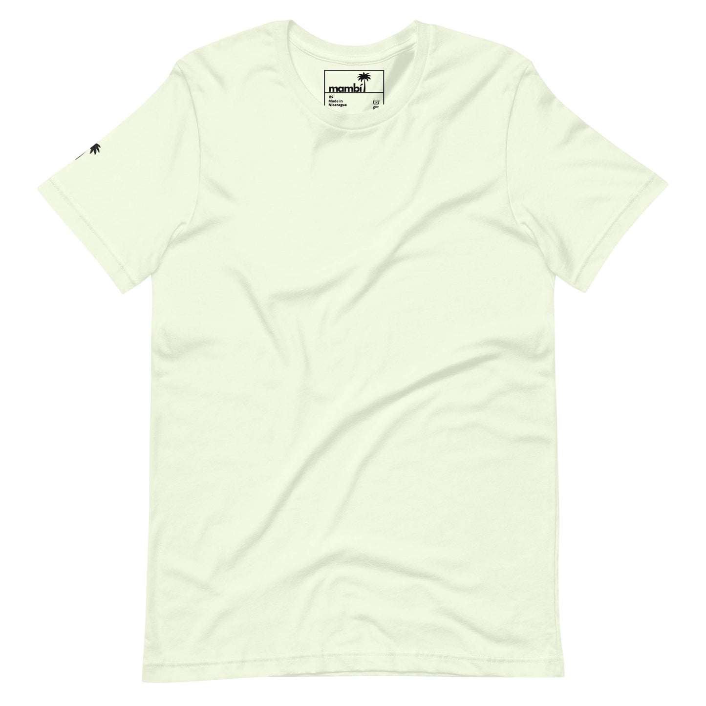 A plain off-white short-sleeve T-shirt with a small black logo on the left sleeve and a branded neck tag that reads Mambí. The shirt is laid flat on a white background.