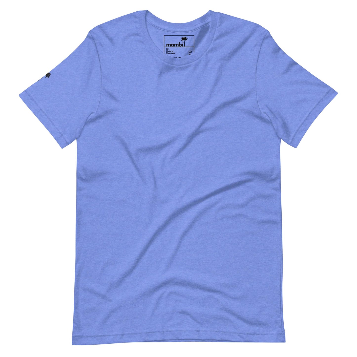 Light blue short-sleeve t-shirt with a small black Mambí palm tree logo near the left shoulder and a matching logo on the inside neck label. The shirt is laid flat on a white background.