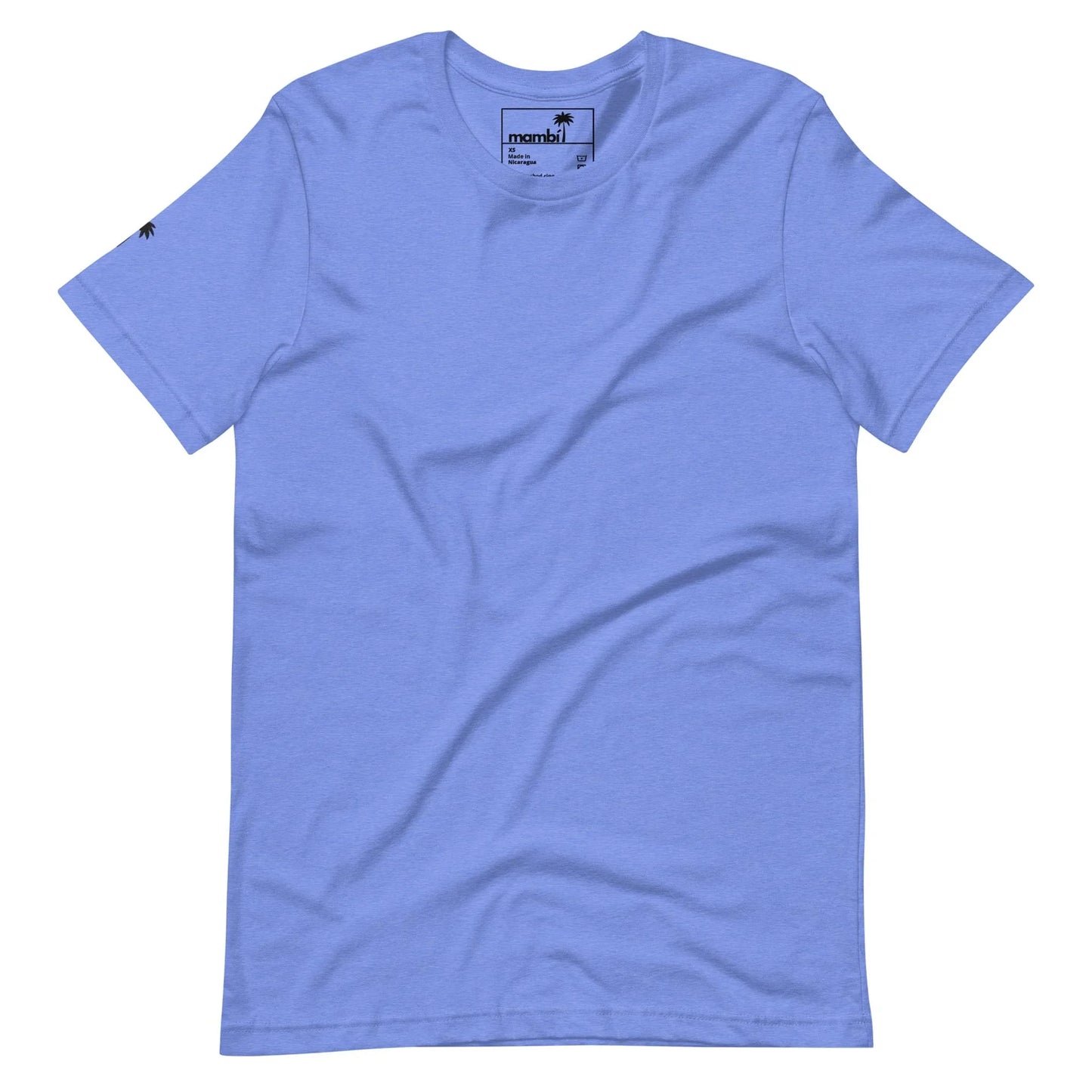 Light blue short-sleeve t-shirt with a small black Mambí palm tree logo near the left shoulder and a matching logo on the inside neck label. The shirt is laid flat on a white background.