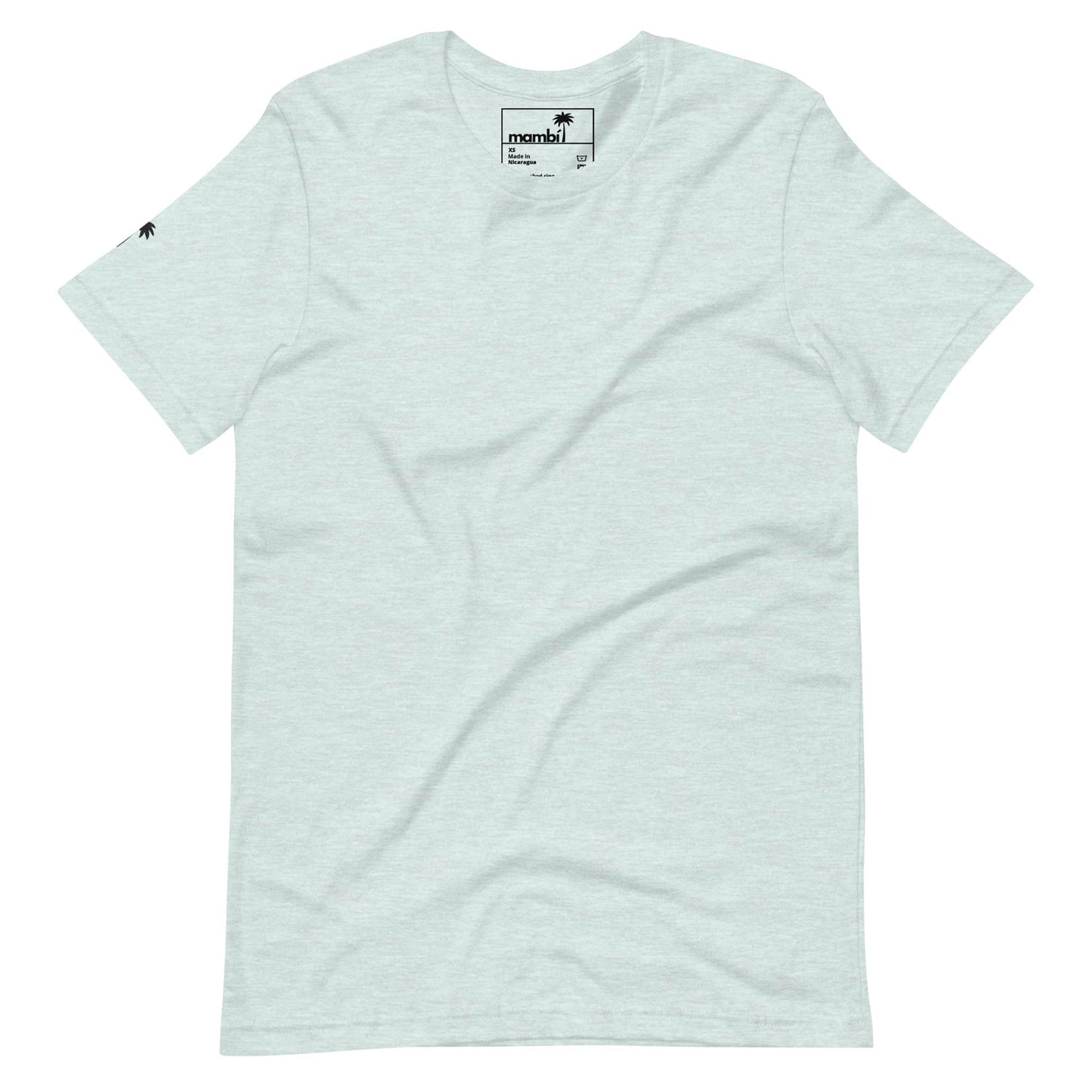 A plain light gray short-sleeve t-shirt is displayed on a white background. The shirt features a small black Mambí logo on the sleeve and a visible name tag inside the collar.