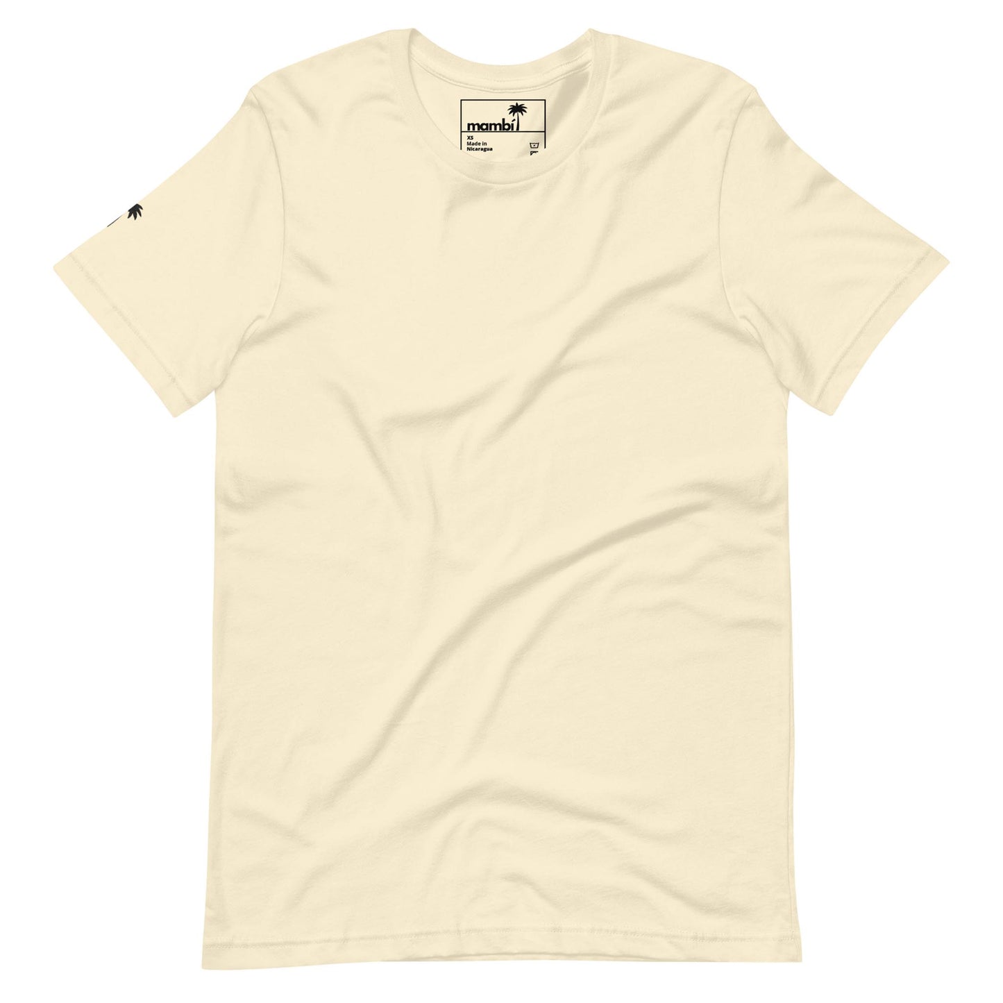 A plain, off-white short-sleeve t-shirt featuring a small black palm tree icon on the left sleeve and a visible tag inside the collar. The shirt is laid flat against a white background, showcasing its Mambí-inspired style.