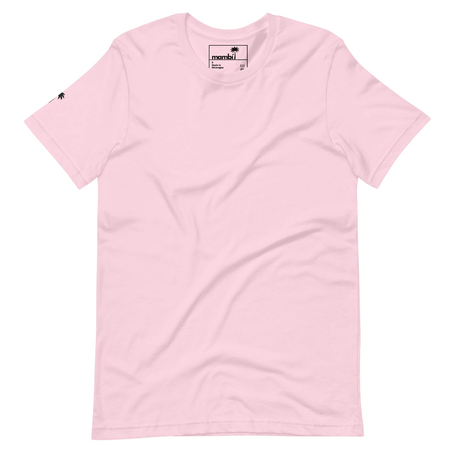 Light pink short-sleeve t-shirt featuring a small black palm tree logo on the left sleeve and a collar label reading Mambí. The shirt is plain with no other visible designs or graphics.